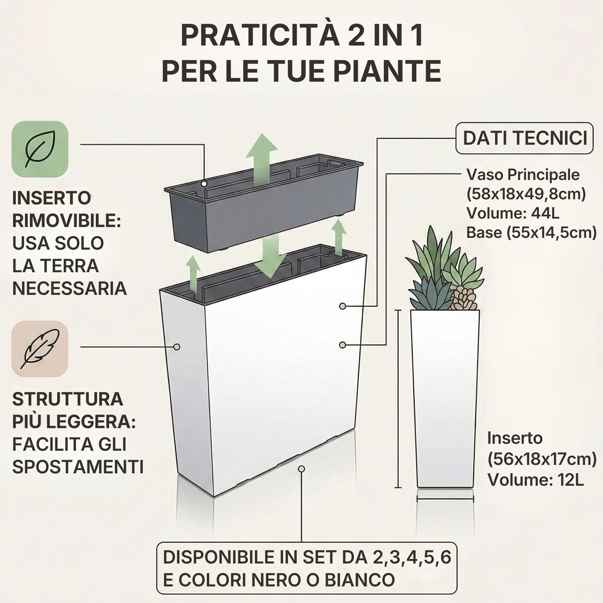 IMJ-Global - 3 Vasi per Piante da Esterno Interno Moderni, Fioriera da Esterno Rettangolare 58x18x49,8cm (44 Litri) con Inserto da 12 Litri, Vaso in Plastica Resistente Alle Intemperie (Nero)