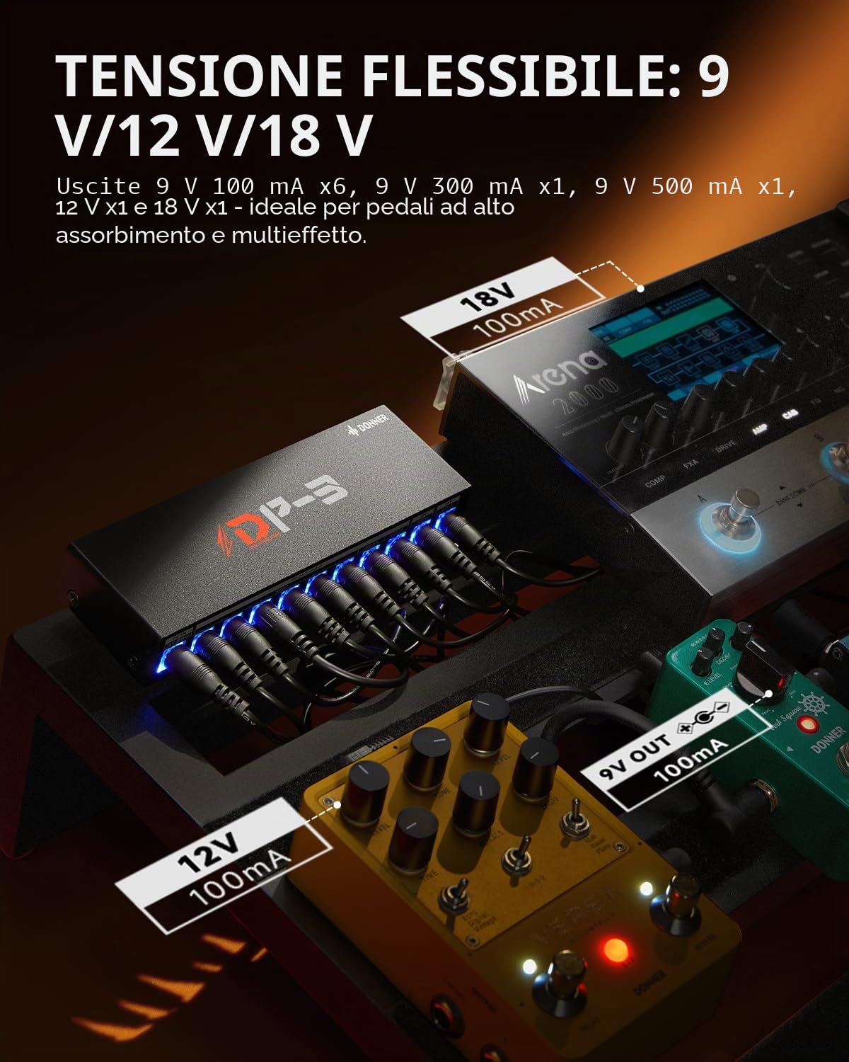 Donner DP-3 Alimentatore per Pedali Chitarra con 10 Uscite DC Isolate, Compatibile con Pedali 9V/12V/18V (100mA/300mA/500mA)