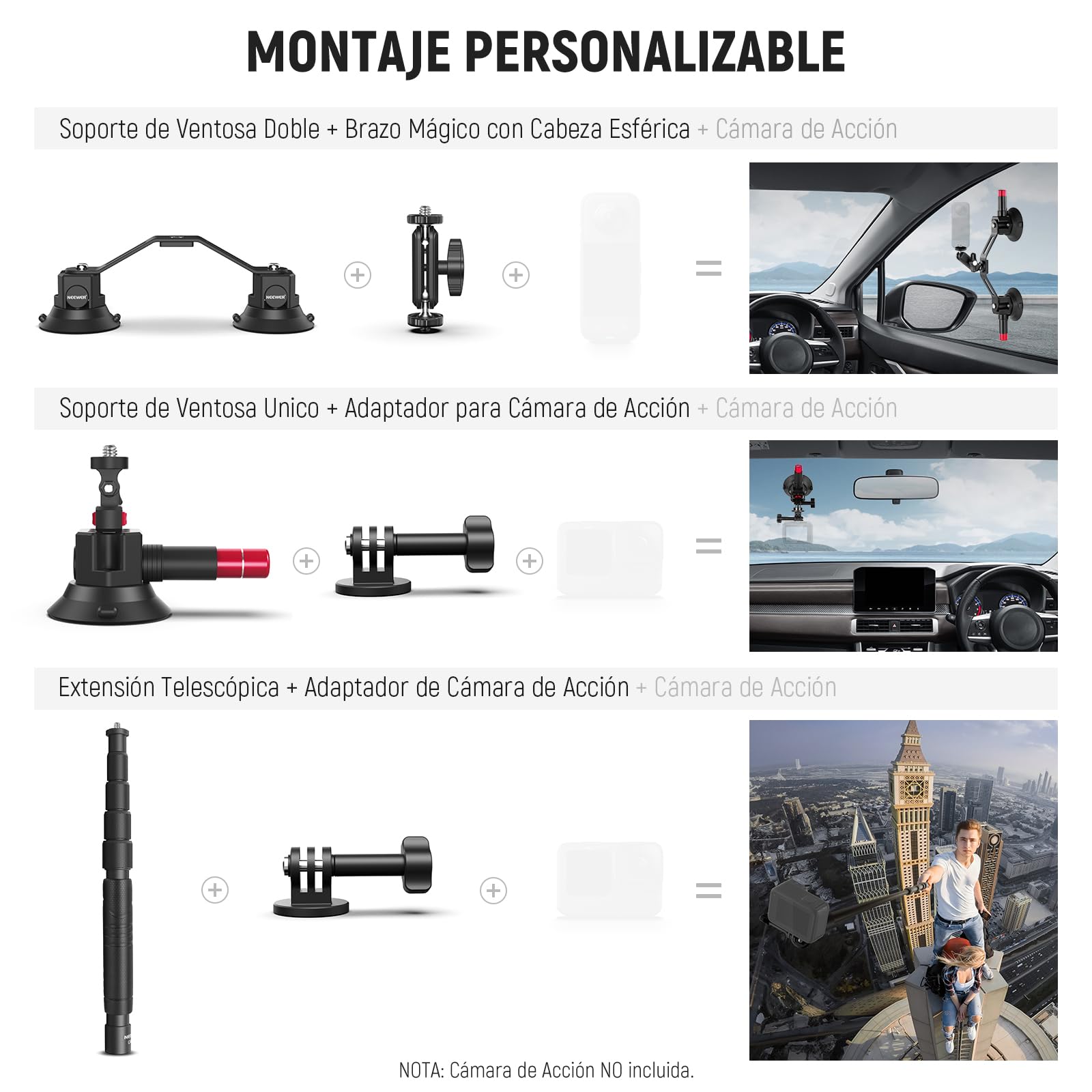 NEEWER Kit Montaje para Coche 2 en 1 Triple Ventosa Palo de Selfie Brazo Mágico Liberación Rápida para Action Cam GoPro Insta360 CA065