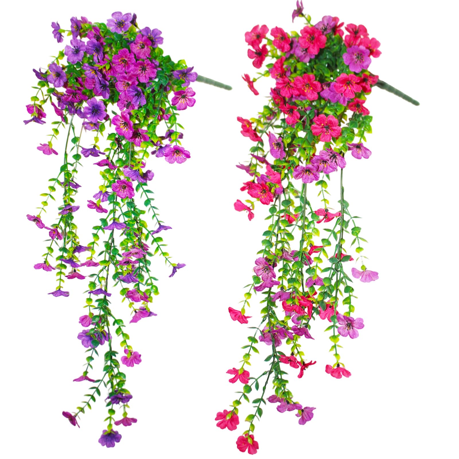 2Pcs Artificial Fake Hanging Plants Flowers, Faux Silk Fuchsia Orchid Long Vines for Home Porch Patio Planter Decoration, UV Resistant Artificial