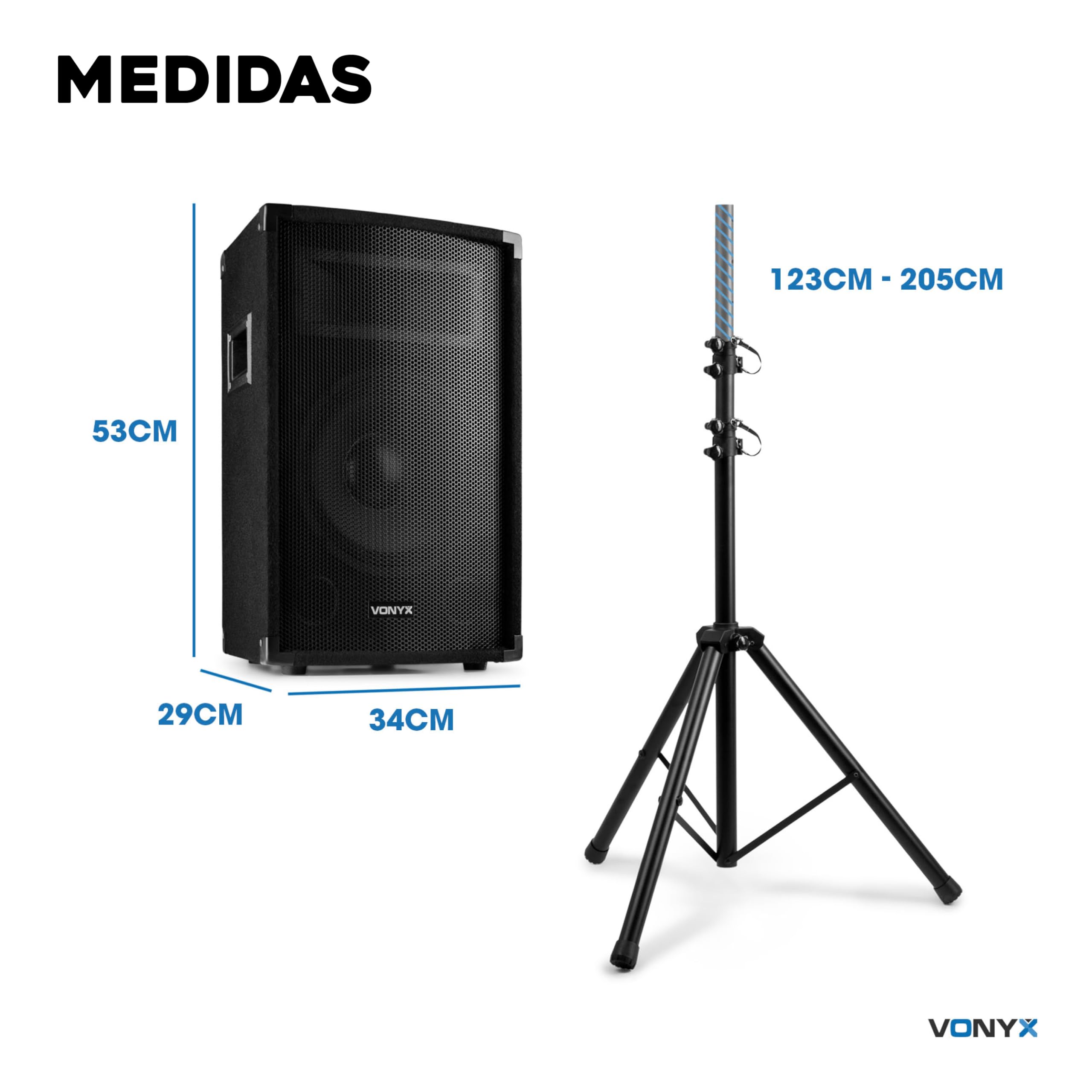 Vonyx VX210 – Sistema de Sonido Activo 800W con 2 Altavoces 10”, Mezclador 4 Canales, Bluetooth, USB, SD, Soportes y micrófono, Equipo de Sonido Profesional para Eventos, Fiestas y DJ, Color Negro