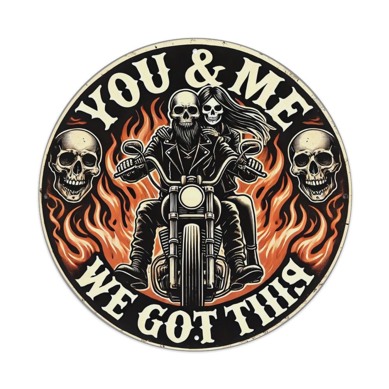 Skull Couple Motorcycle Flames Art Retro Metal Sign Round Tin Sign, Vintage Decor Art Poster for Bar, Home, Man Cave, Kitchen, Laundry Room Gift 8x8Inch