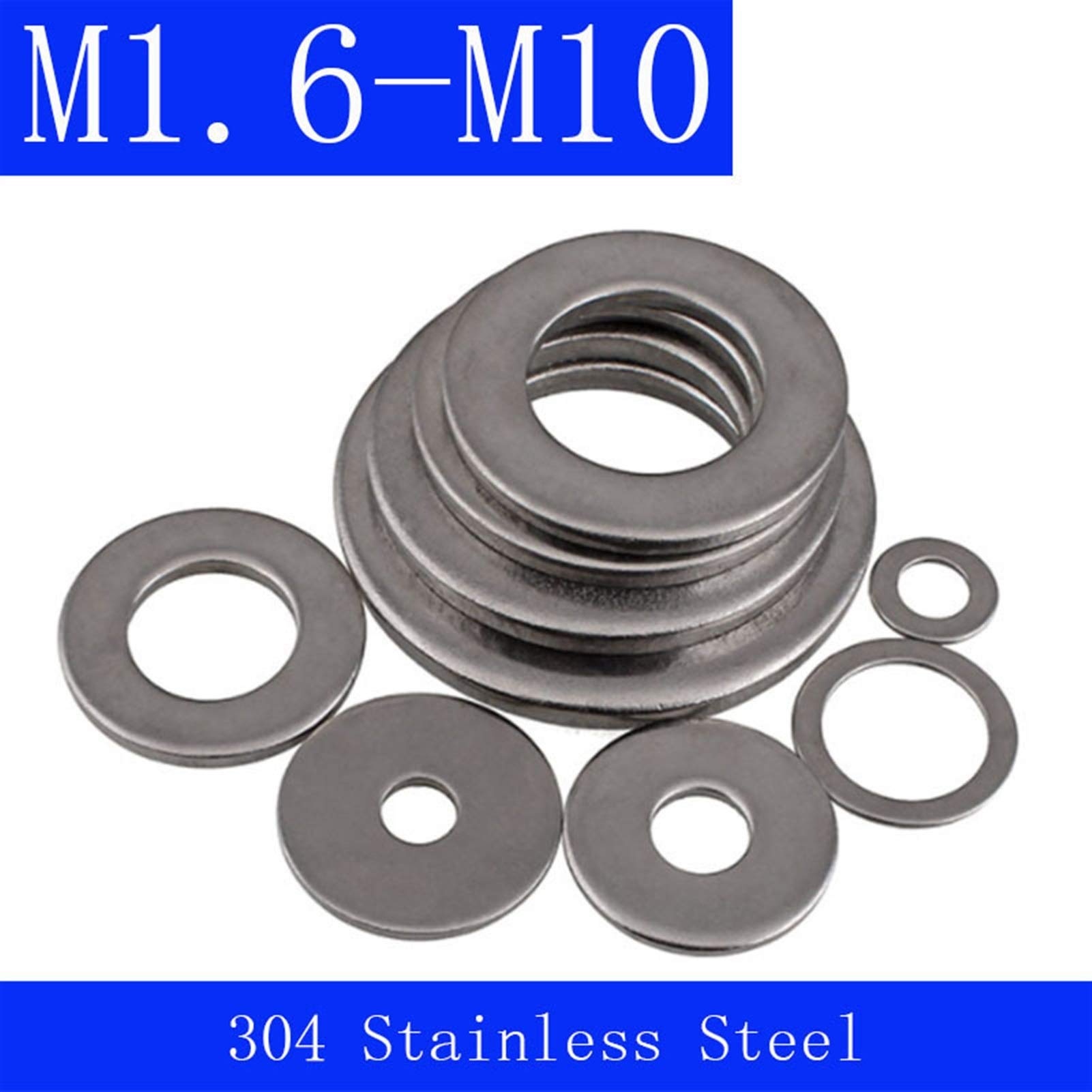 Zkenshan-Flache Unterlegscheiben 304 Flache Gleitscheiben aus Edelstahl, M1,6 m2 m2.5 m3 m4 m5 m6 m8 m10, Gute Verschleißfestigkeit (Inner Diameter : M10, Number of Pcs : 200)