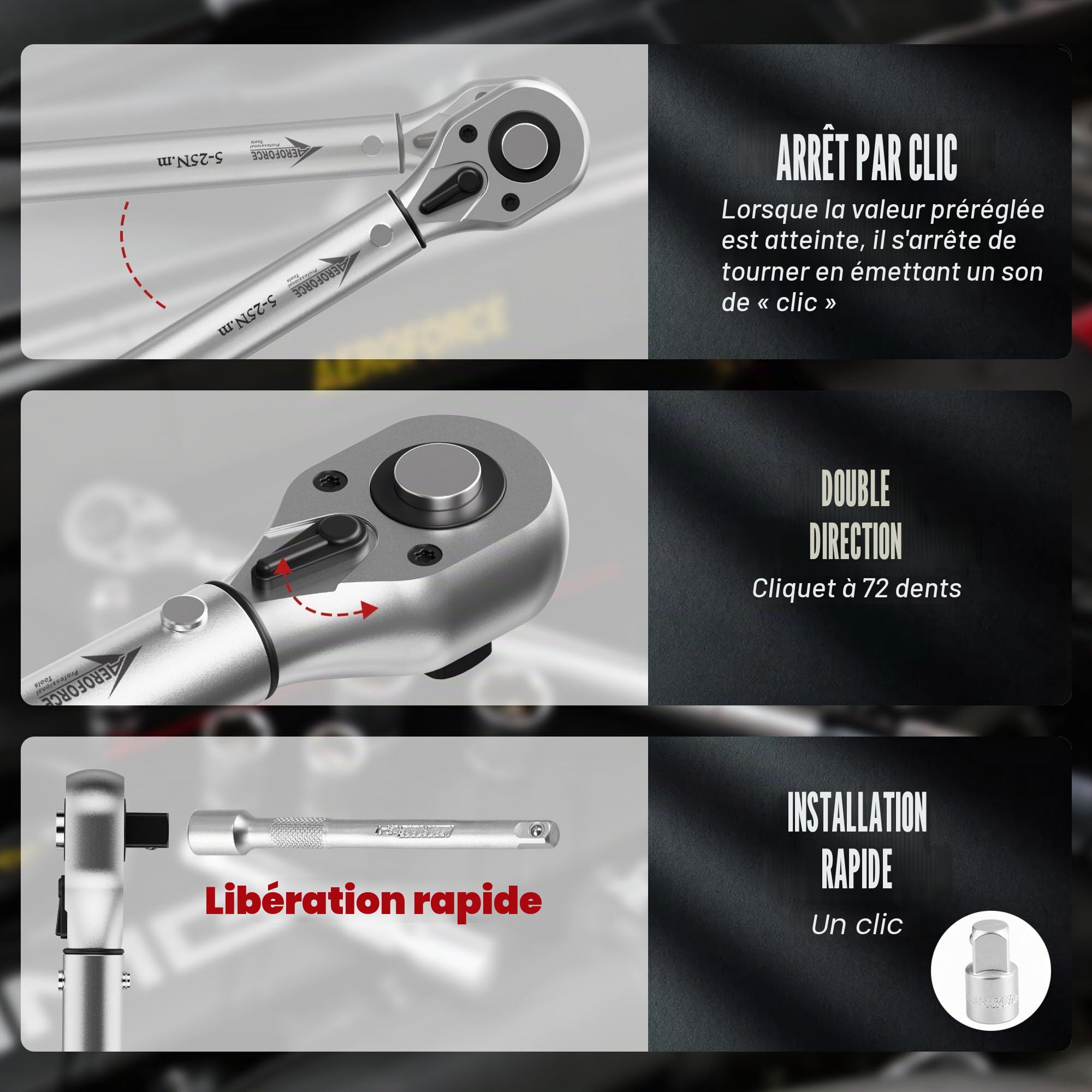 AEROFORCE 50pcs clés dynamométriques pour vélo (5-25 Nm), entraînement 1/4", clé dynamométrique à clic pouce/livre avec inserts d'embout, adaptateur 3/8", kit d'outils pour vélo VTT