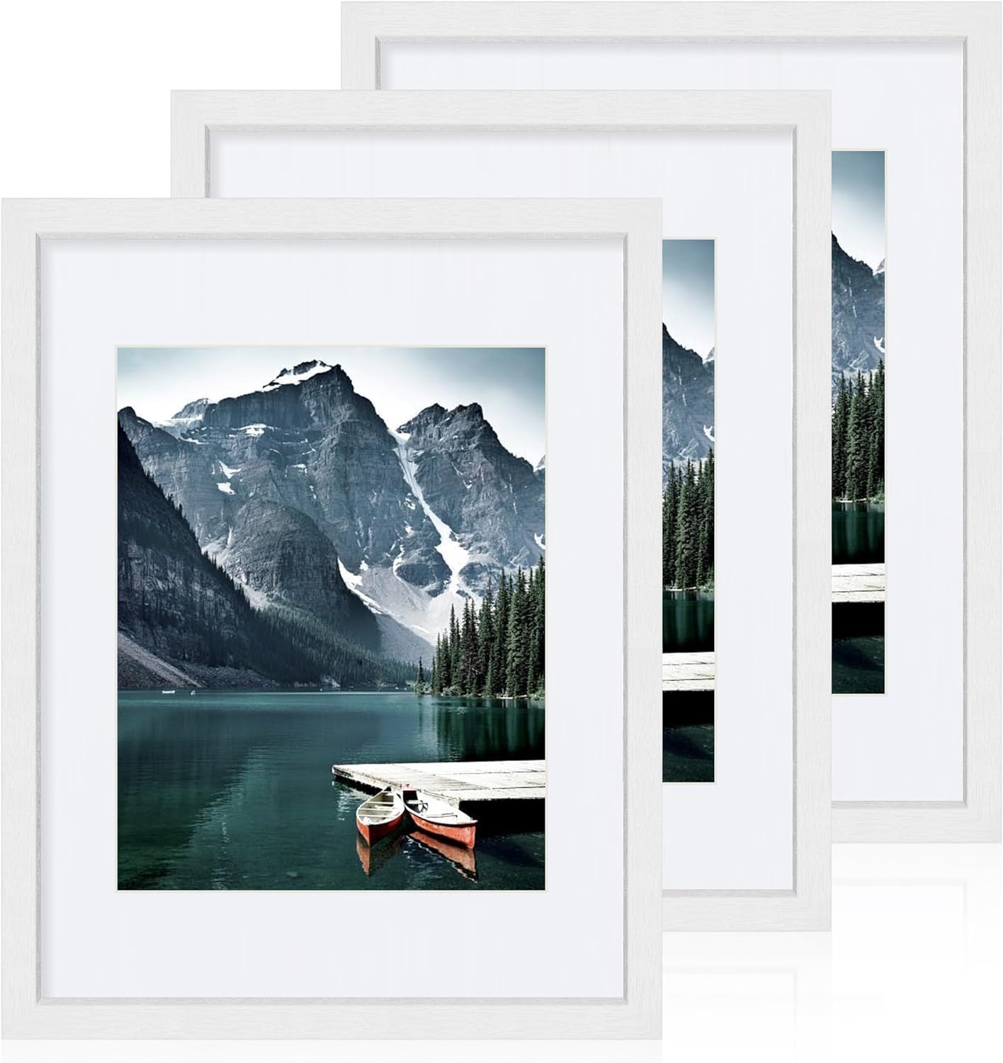11x14 Picture Frames set of 3, Made of Glass and White Wooden Photo frame - Displays 8x10 Picture with Mat or 11 x 14 Poster without Mat, Wall Collage Frame set White 11x14 in