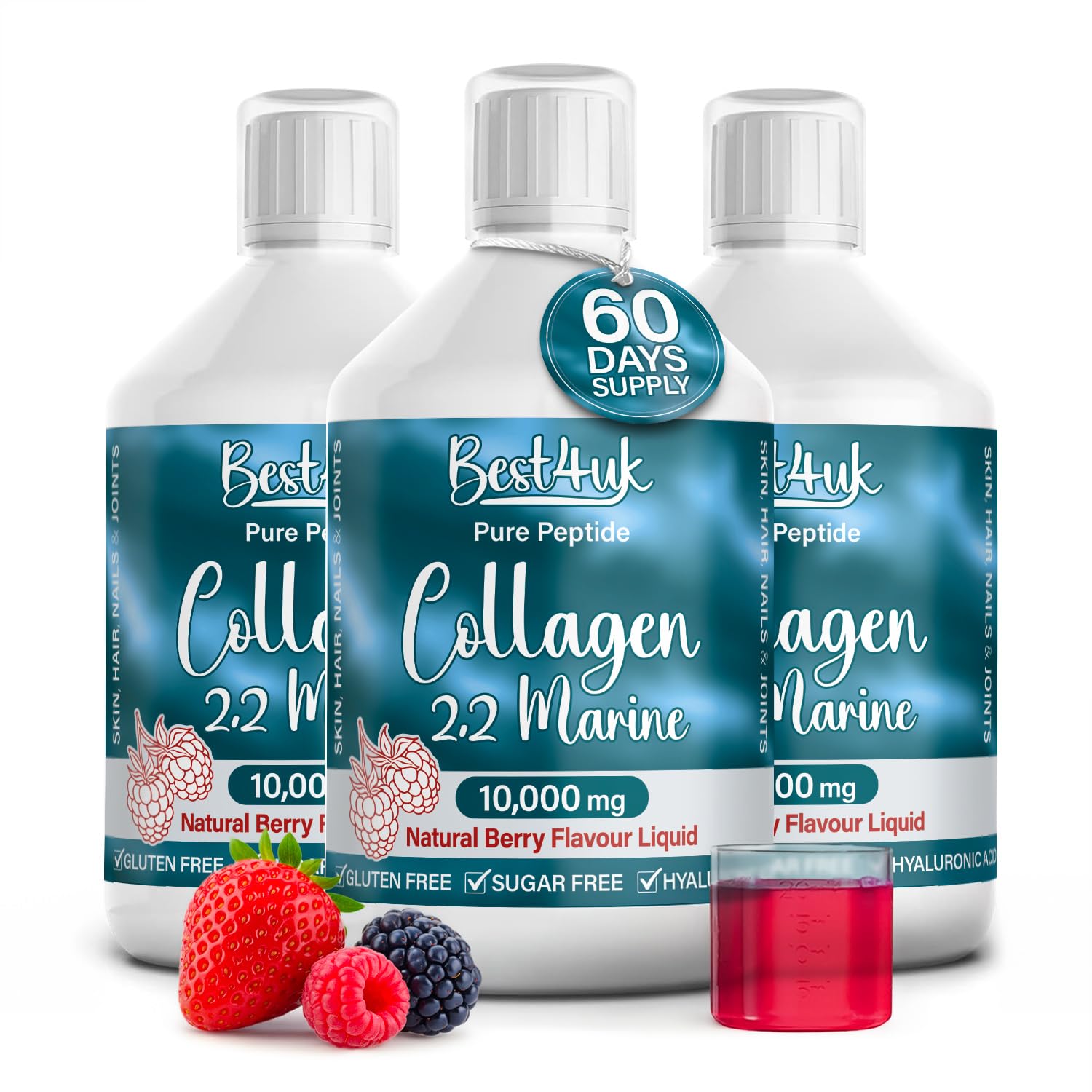 Best4Group x3 Pack Marine Collagen 2.2 Liquid 10000mg Sugar Free Ready to Drink Berry Flavour, Hyaluronic Acid, Pure Peptide, Vitamin B5, B6, B7, C, D3