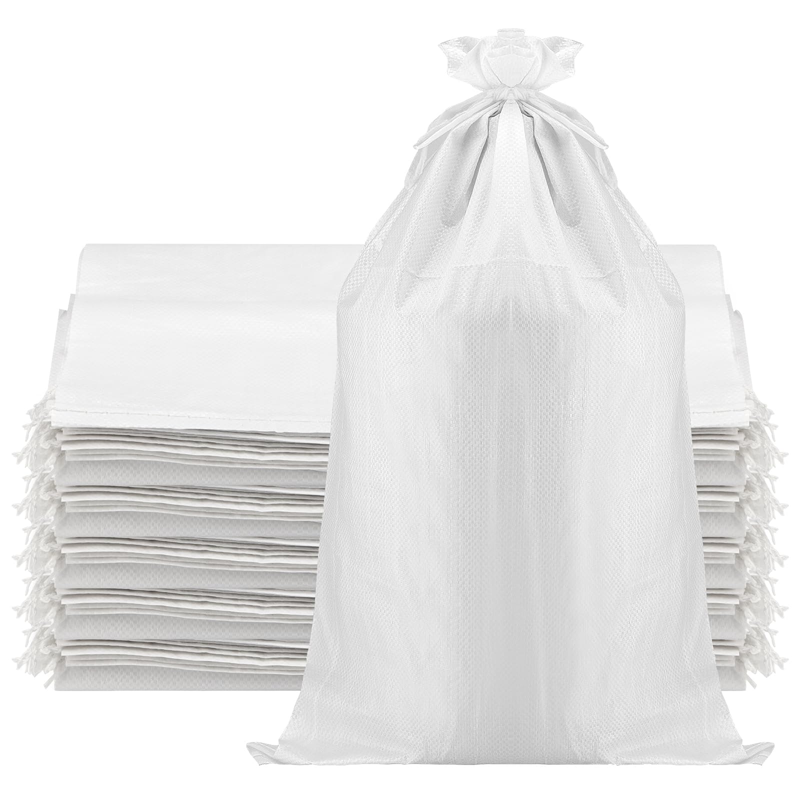 50 bolsas de arena vacías de 18 x 30 pulgadas, bolsas de arena blancas con rollo de cuerda de amarre de 20 m, bolsas de arena tejidas de polipropileno para control de inundaciones,
