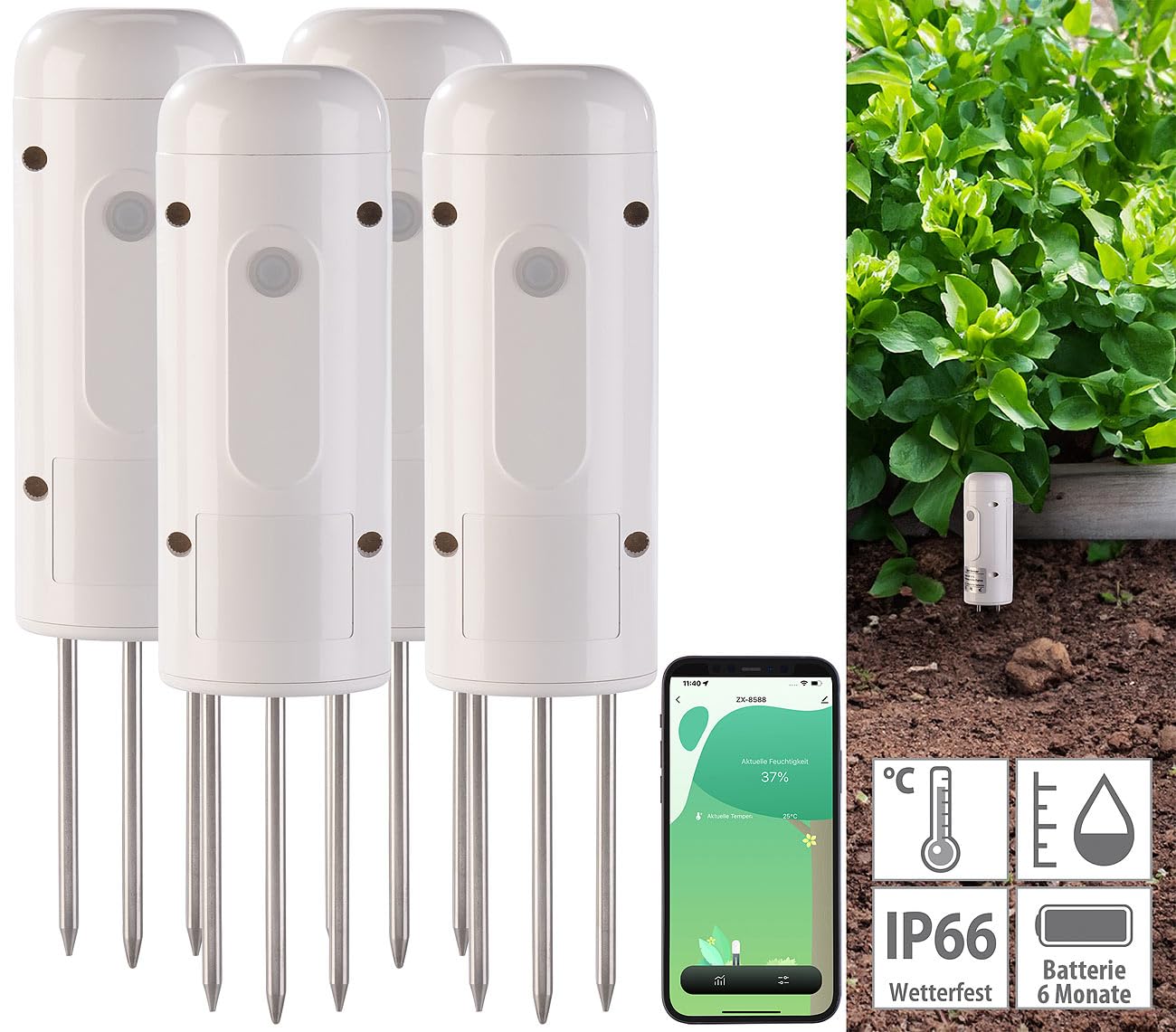 Luminea Home Control Feuchtesensor: 4er-Set smarte ZigBee-Boden-Feuchtigkeits- & Temperatursensoren (Bodensensor, Temperatursensor TUYA, Pflanzen Sensor)