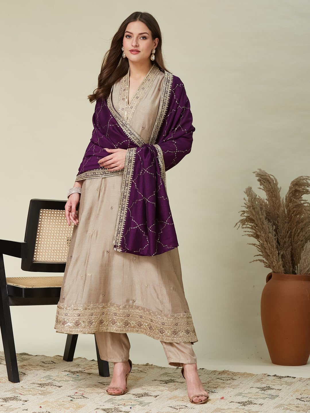 MOKOSH Women's Silk Embroidered Kurta Pant Dupatta Set (474-01-M) Grey - Image 5 thumbnail