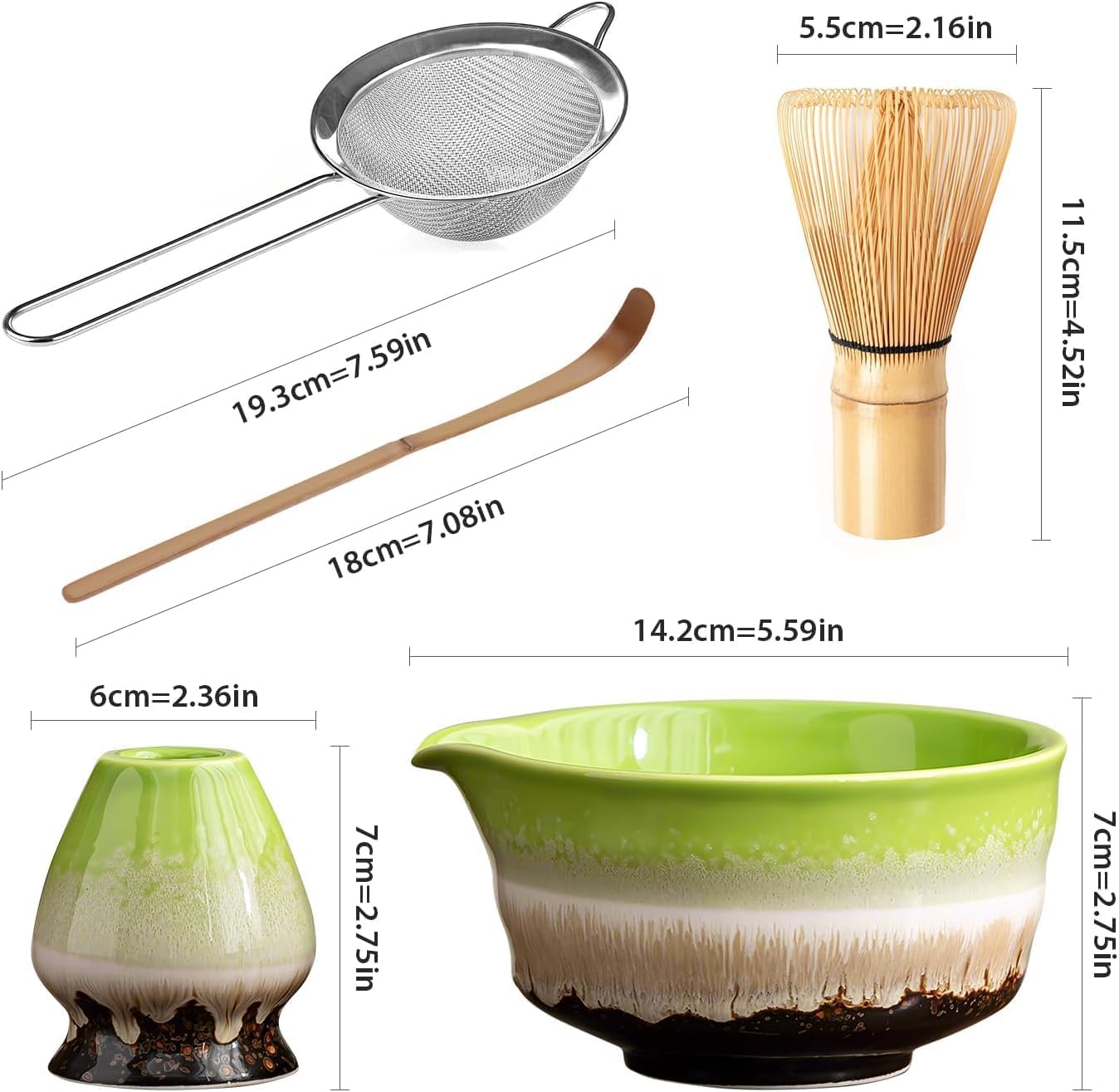 Traditional Japanese Matcha Tea Set, 5 Piece Ceremonial Kit with Bowl, Whisk, Stand, Scoop and Sifter - Green and White
