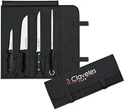 3 Claveles Estuche Jamon 3C Set Cocina-Cuchillo Carnicero, Deshuesador y Jamonero + Chaira + Maletín Portacuchillos con Capacidad para 6 Piezas