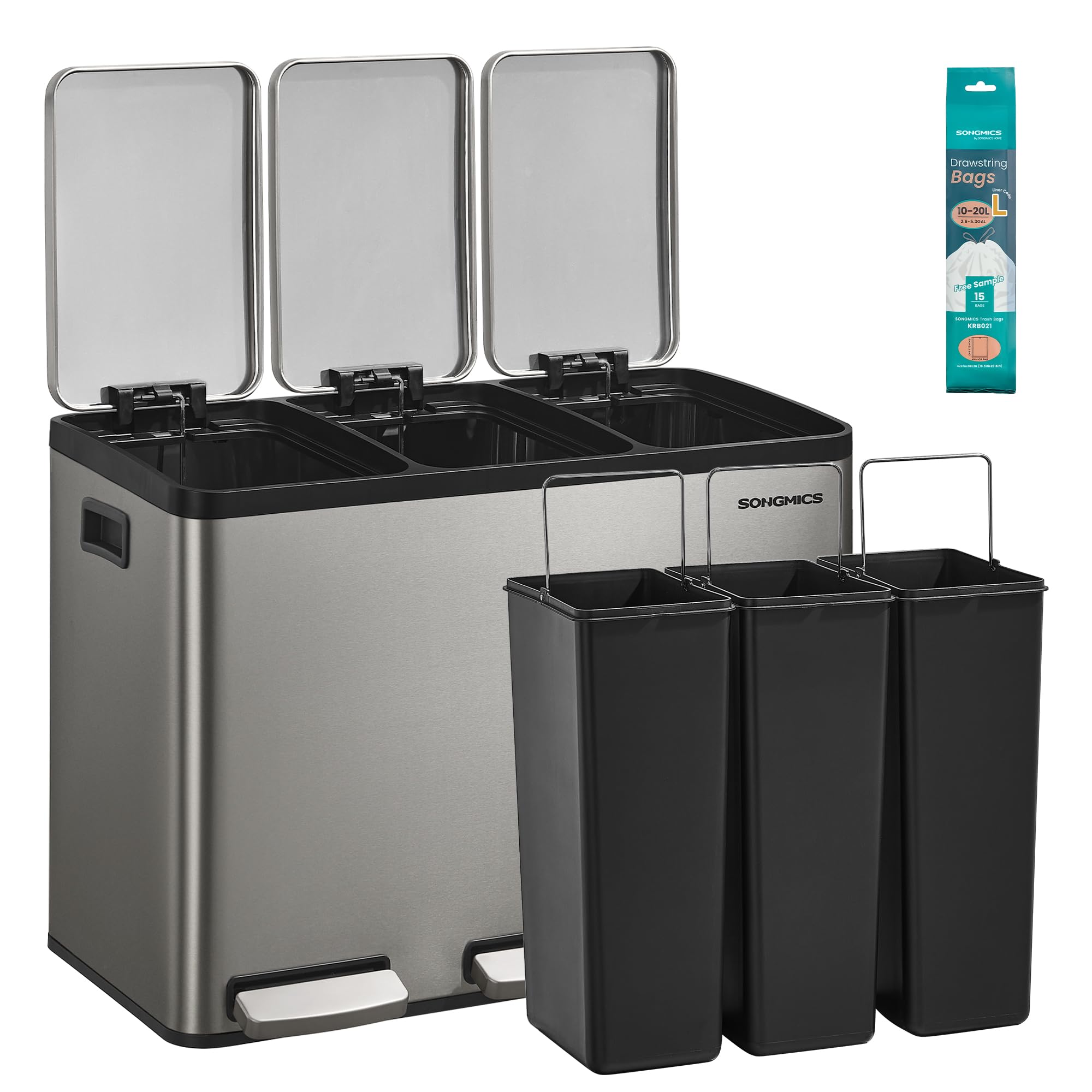 SONGMICS Kosz kuchenny, 3 x 15 l, 3-komorowy system segregacji odpadów, kosz z 15 workami na śmieci, kosz z pedałem, wyjmowane wewnętrzne wiadro, pokrywa z cichym zamykaniem, srebrny LTB145EZ01