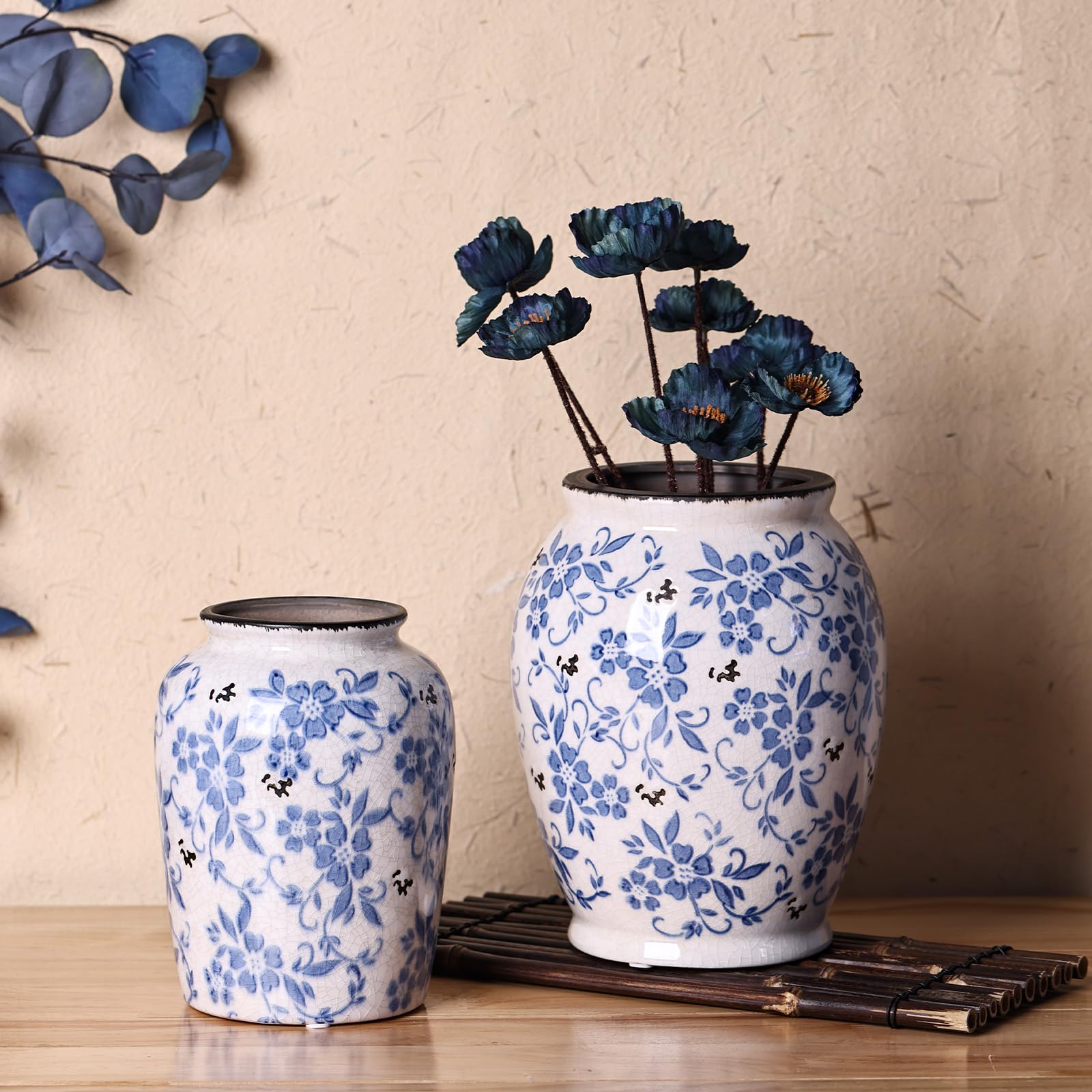 Amazon.co.jp: 高さ9.25インチの青と白の花瓶、ヴィンテージブルーと