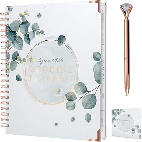 Performore Libro planificador de bodas con caja de regalo, lista de verificación y organizador para la novia y juego con bolígrafo dorado y joyas,