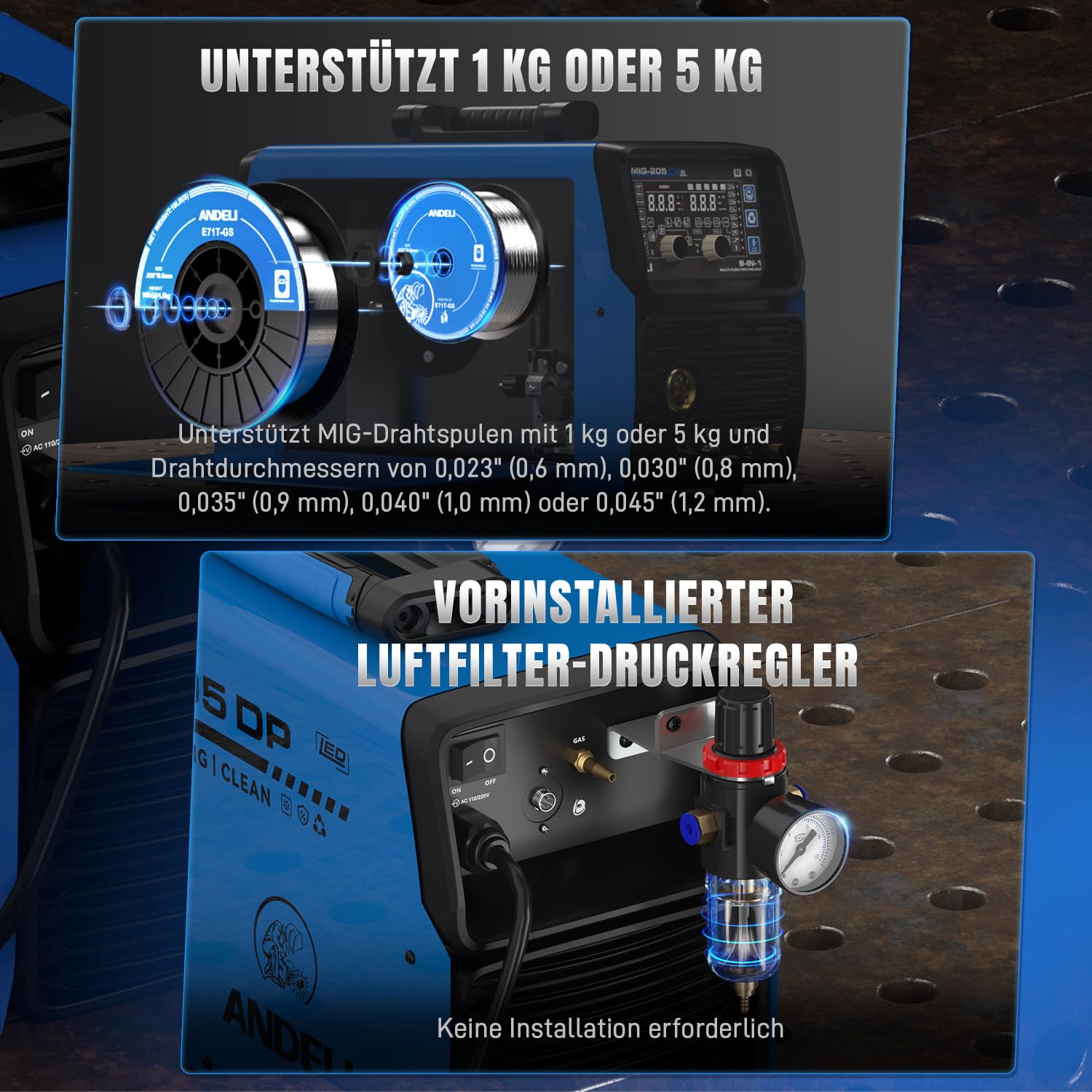ANDELI MIG-205DP 8-in-1 Multiprozess-Schweißgerät 230V – 205A Puls-MIG/Gas-MIG/WIG HF/Plasmaschneider/Fülldraht/Cold/Clean/E-Hand, IGBT, für Alu/Stahl/Edelstahl, Neuestes Modell 2026