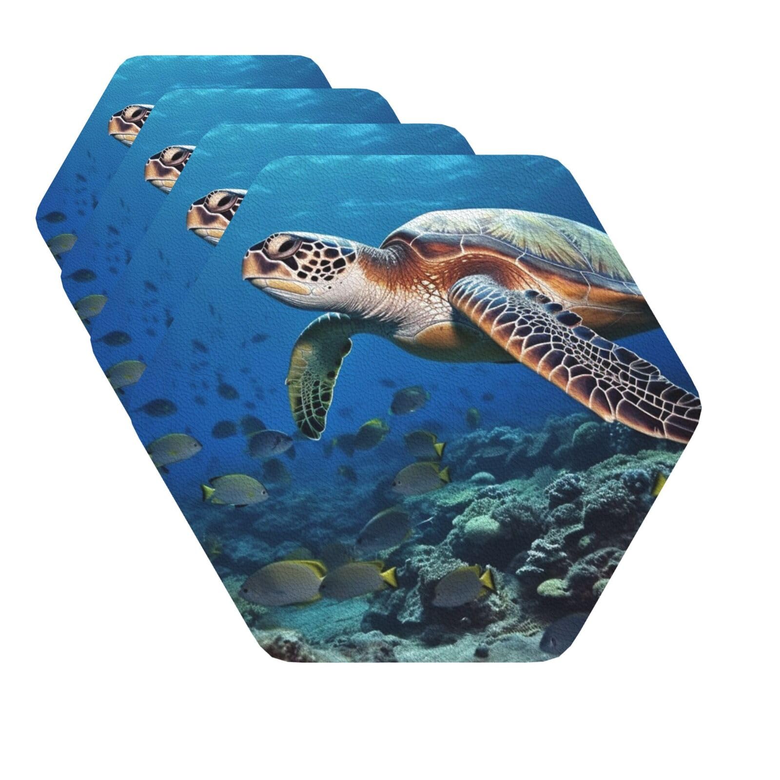 Drink Coasters Set of 4 Quick-Dry Leather Coaster Sea Turtle and Fish Coasters for Drinks Coffee Cup Mat Tabletop Protection Heat Resistant Coaster for Kitchen Bar Office Home Decor