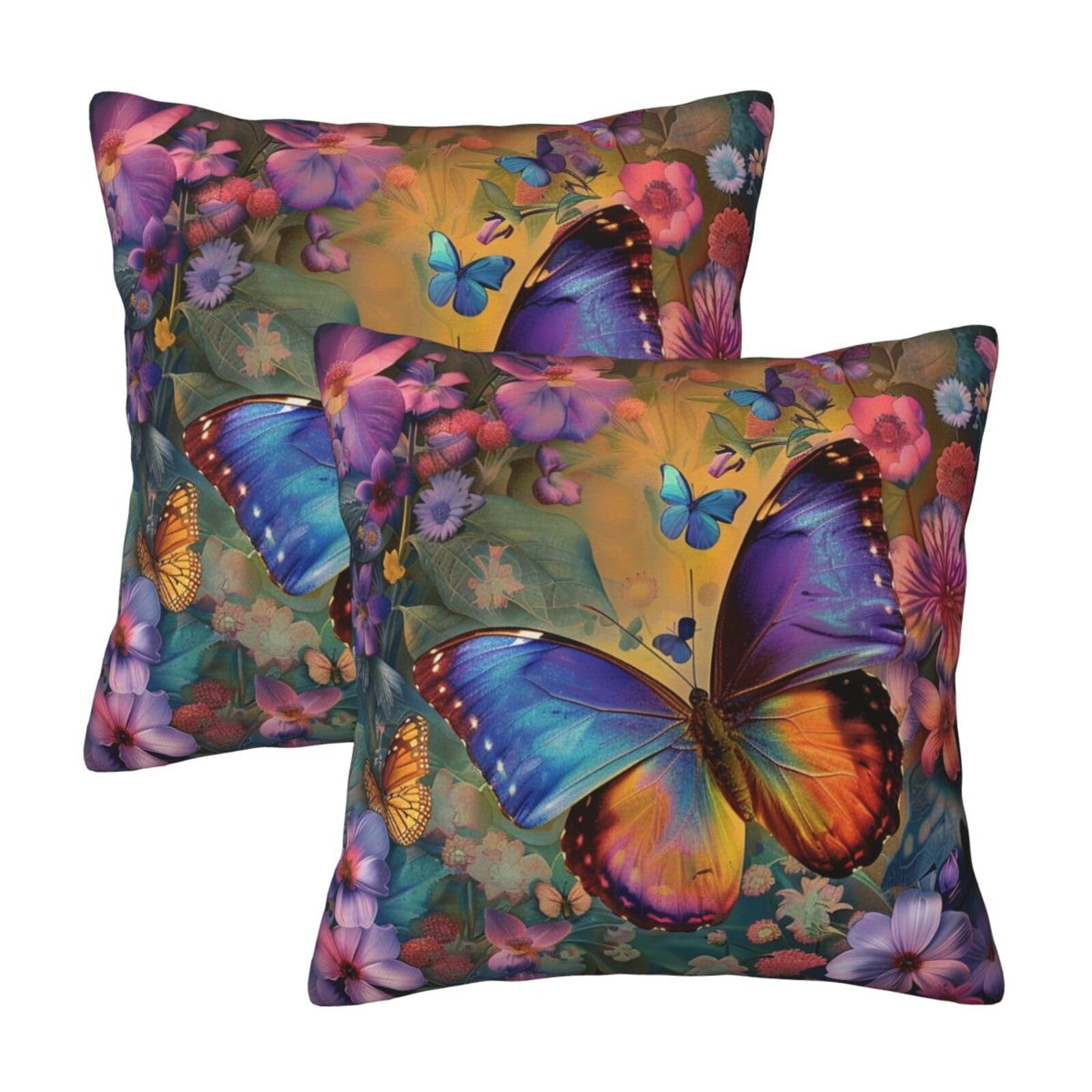 kkvhhyuo Flower butterfly Print Pillow Covers Set of 2, Square Decorative Cushion Covers with Hidden Zipper, Throw Pillow Cases for Living Room Sofa Bed Chair, 45x45 cm