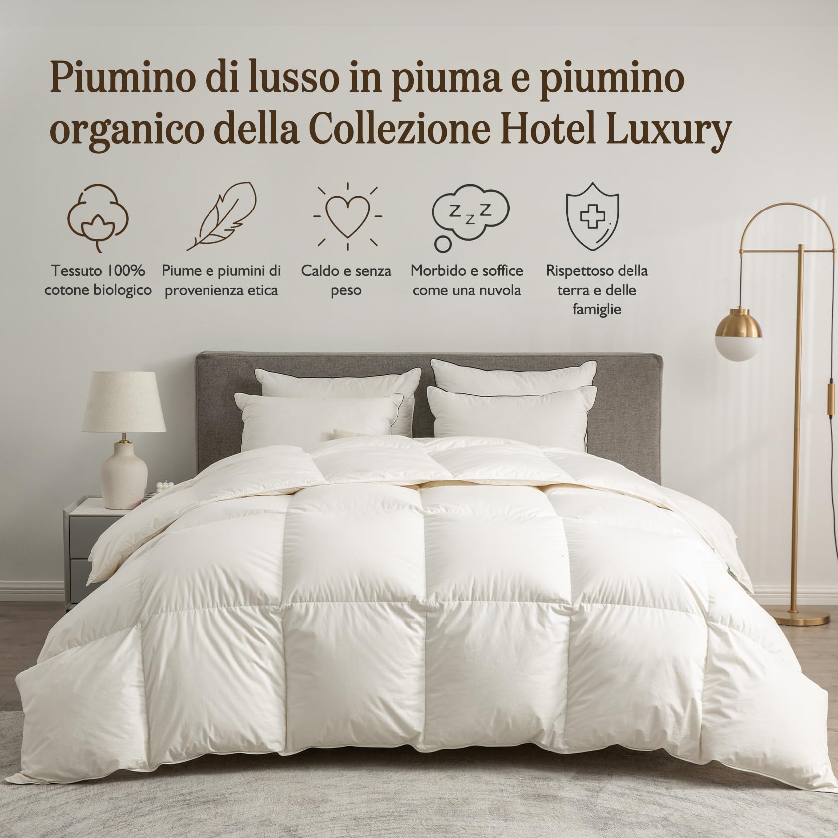 BPC piumino matrimoniale piuma di lusso, 100% cotone organico piumone piuma per invernale 220x240 cm, piumini matrimoniali d oca Ultra Soft Hotel Collection, conforme a Oeko-Tex e RDS