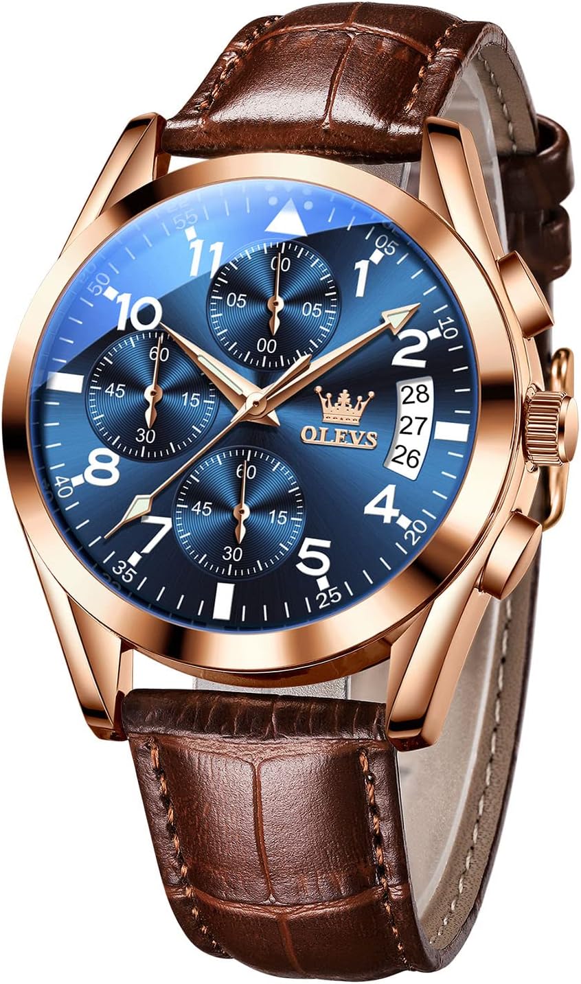Men's Casual Leather Watch, Big Face Chronograph Watch for Men, Fashion Easy to Read Dress Watch, Men's Waterproof Luminous Date Analog Watch, Gold/Black/White/Blue Dial