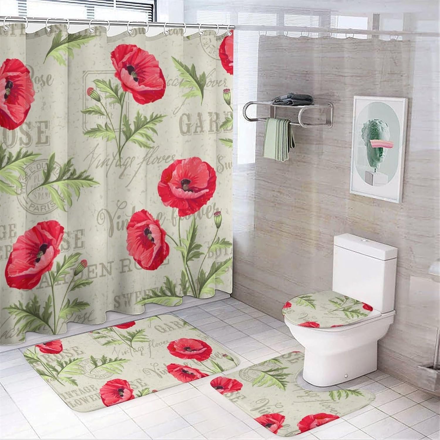 Rideau de douche bohème vintage fleuri avec tapis antidérapants pour sol sec et sécurisé