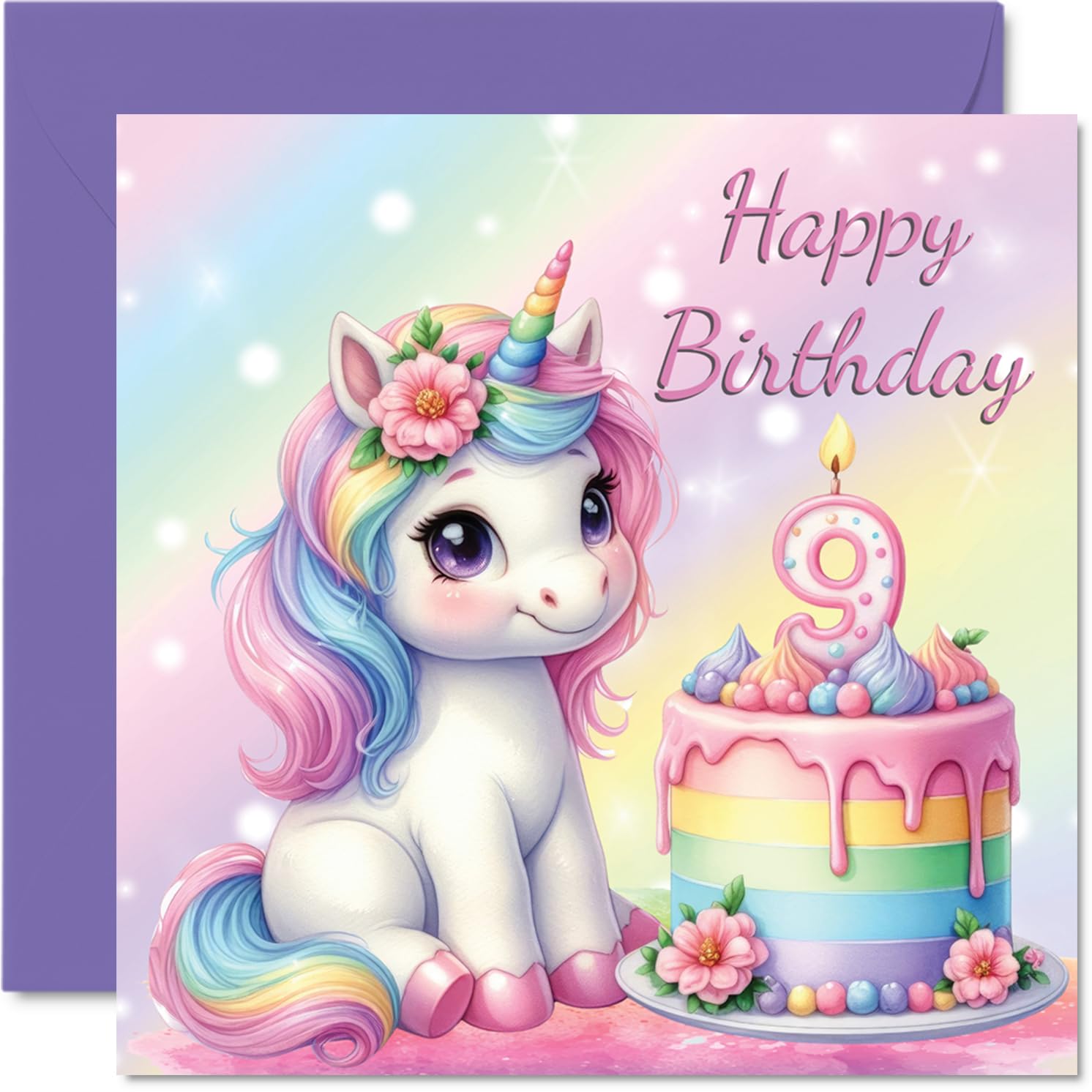 9th Birthday Cards for Girls - Unicorn Cake - Happy Birthday Card for 9 Year Old Girl Goddaughter Sister Step Daughter Granddaughter, 145mm Bday Greeting Cards