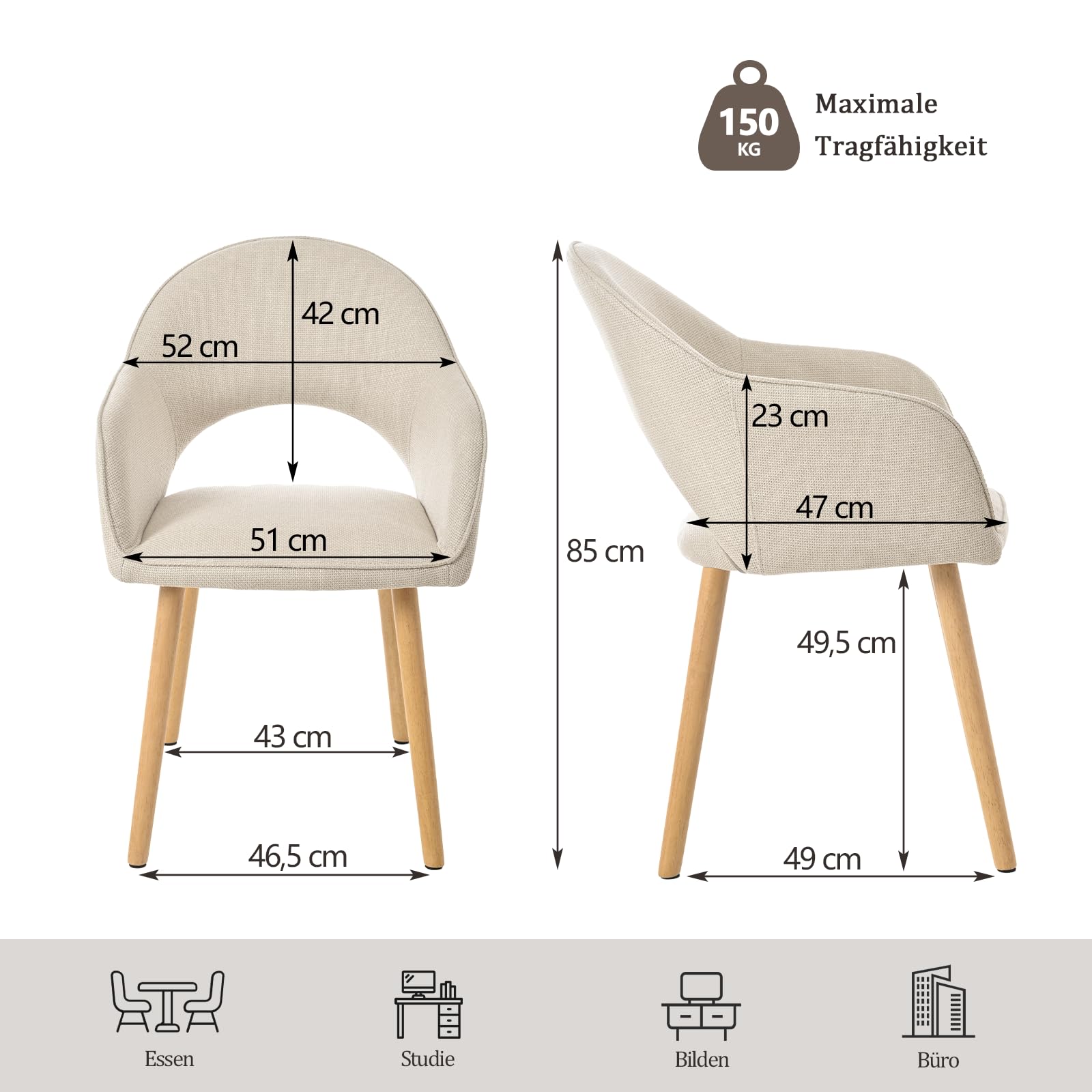Lot de 6 Chaises Salle à Manger avec Accoudoirs,Fauteuils de Salle à Manger Rembourrés,Chaises de Cuisine avec Pieds en Bois pour Salon,Bureau,Beige