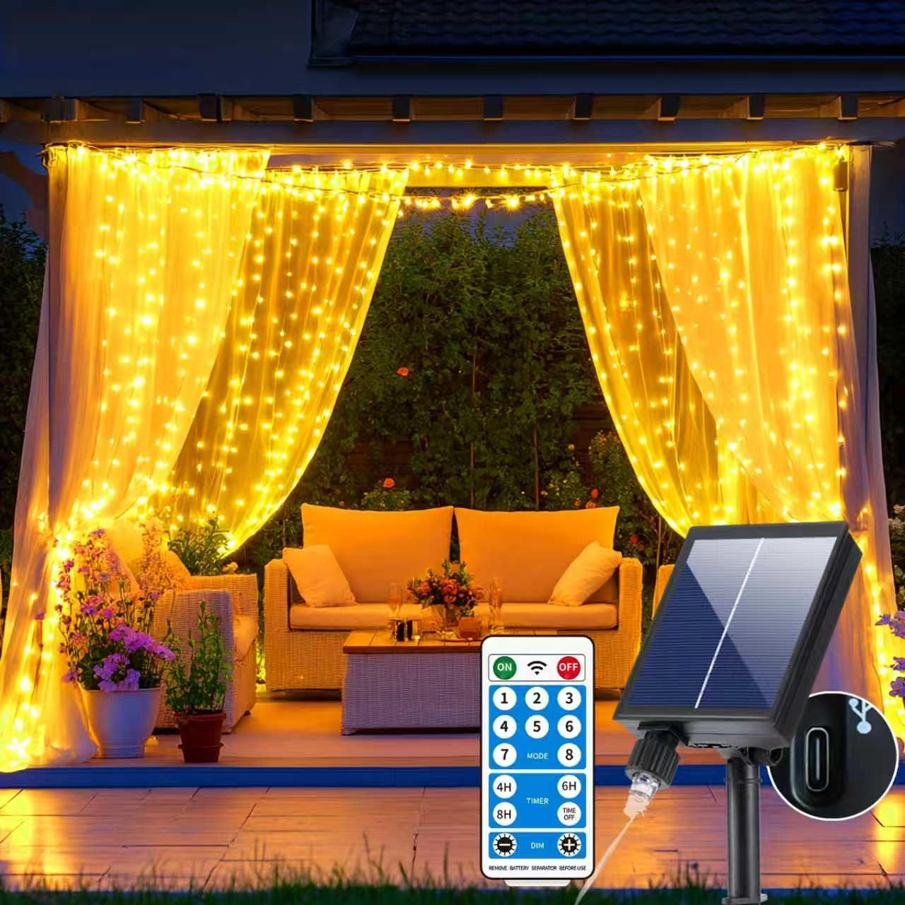 Solar Vorhanglichter 6×3m mit 600 LEDs, 8 Lichtmodi wasserdichte Solar Wasserfall Lichterkette mit Fernbedienung & Timer, Außendeko für Balkon, Pavillon und Hochzeiten
