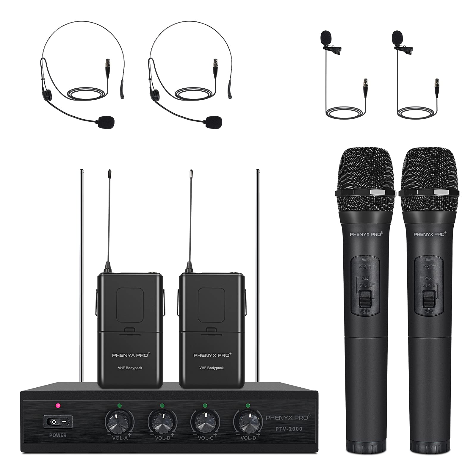 Wireless Microphone System, Phenyx Pro 4-Channel VHF Wireless Microphone Set with 2 Handhelds/2 Bodypacks/2 Lapels/ 2 Headset, Metal Receiver, Ideal for Church, Meeting, Conference(PTV-2000B)