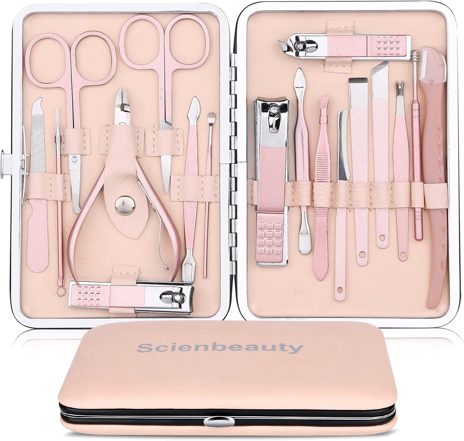 Nagel Clippers van Scienbeauty Professional 5 in 1 Manicure Pedicure Kit voor vingernagels Toenails Grooming, roestvrij staal met lederen hoesje roze