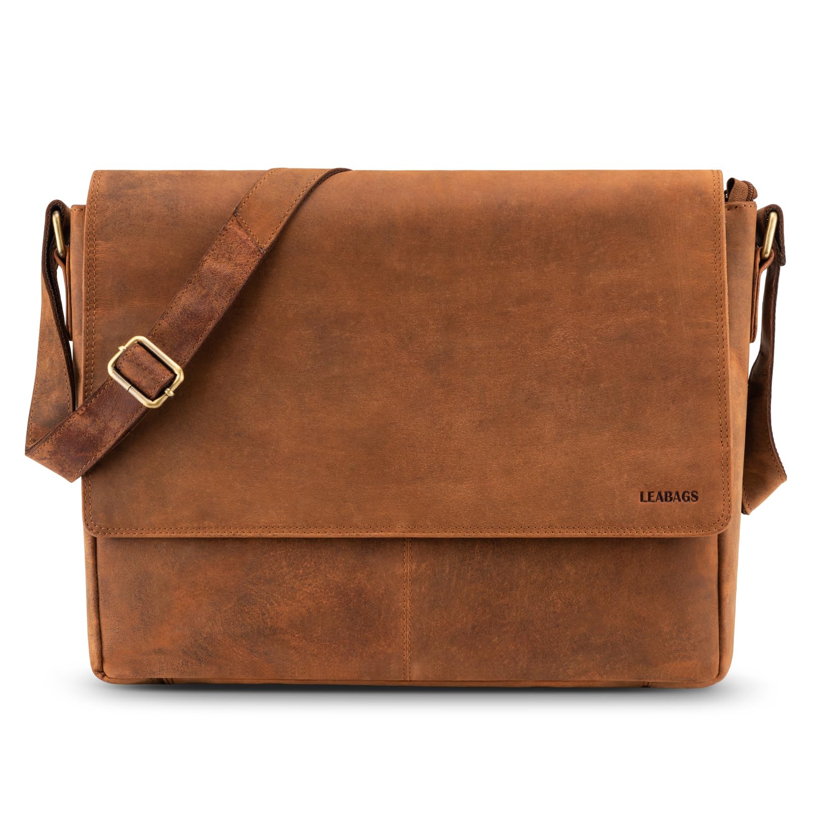LEABAGS Bolso para Hombres y Mujeres | Bolsa de Portátil 15" | Cuero Genuino | Bolso Bandolera con Correa para el Hombro | Bolsa Mensajera | Bolsa de Trabajo | Bolsa de Maestro