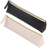 2 Pcs Leather Pencil Pouch&comma; Slim Design Small Pencil Pouch Pencil Bag Zipper Pencil Case Bag Stationery Pouch Bag for Pens&comma; Pencils&comma; Markers&lpar;Black&Beige&rpar;