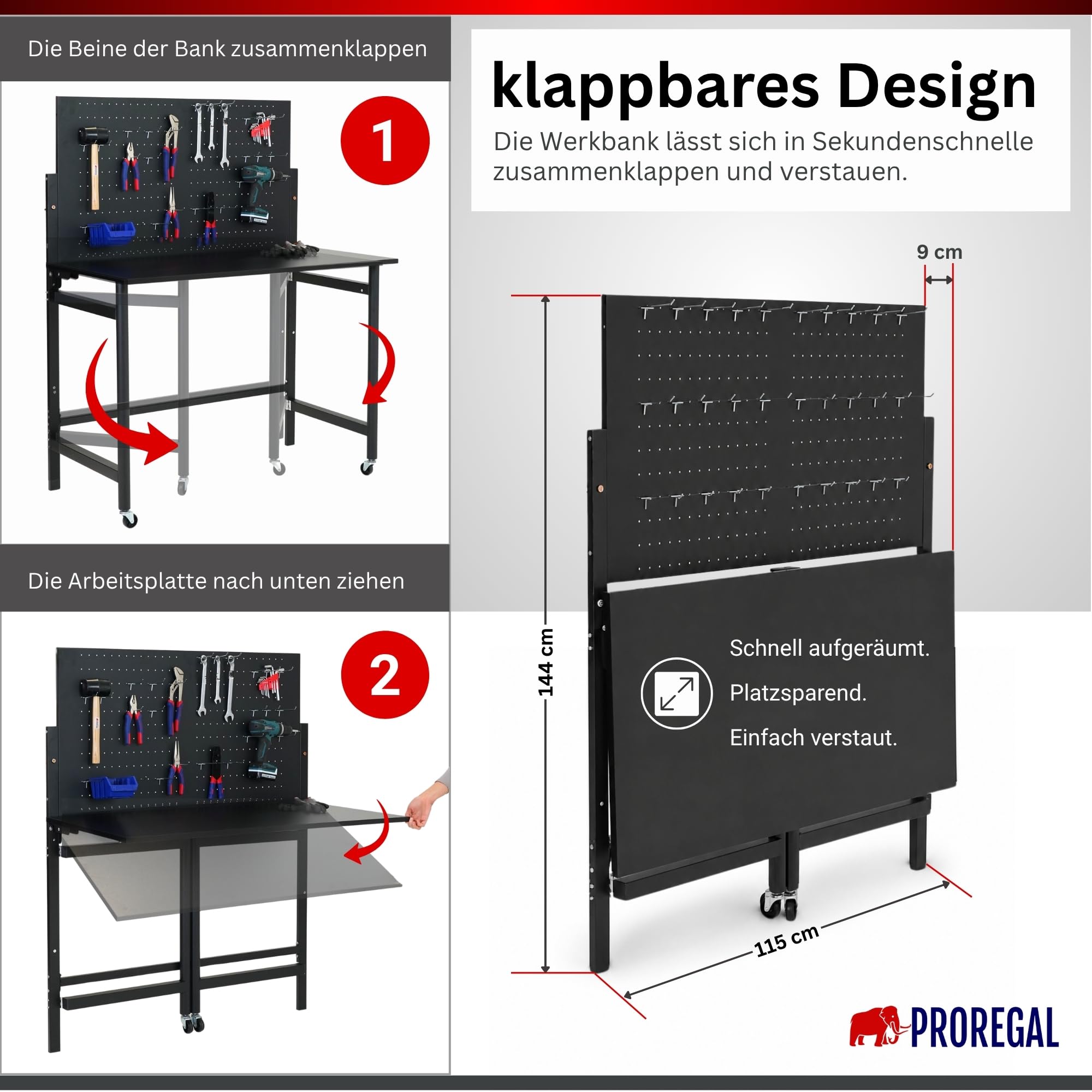 PROREGAL Werkbank klappbar für Wandmontage Titan mit Werkzeug Lochwand für Werkstatt 144x115x63cm Fachlast 55kg inkl. 30-teiligem Hakenset Schwarz Werktisch für Enge Räume mit Lochplatte Werkzeugwand
