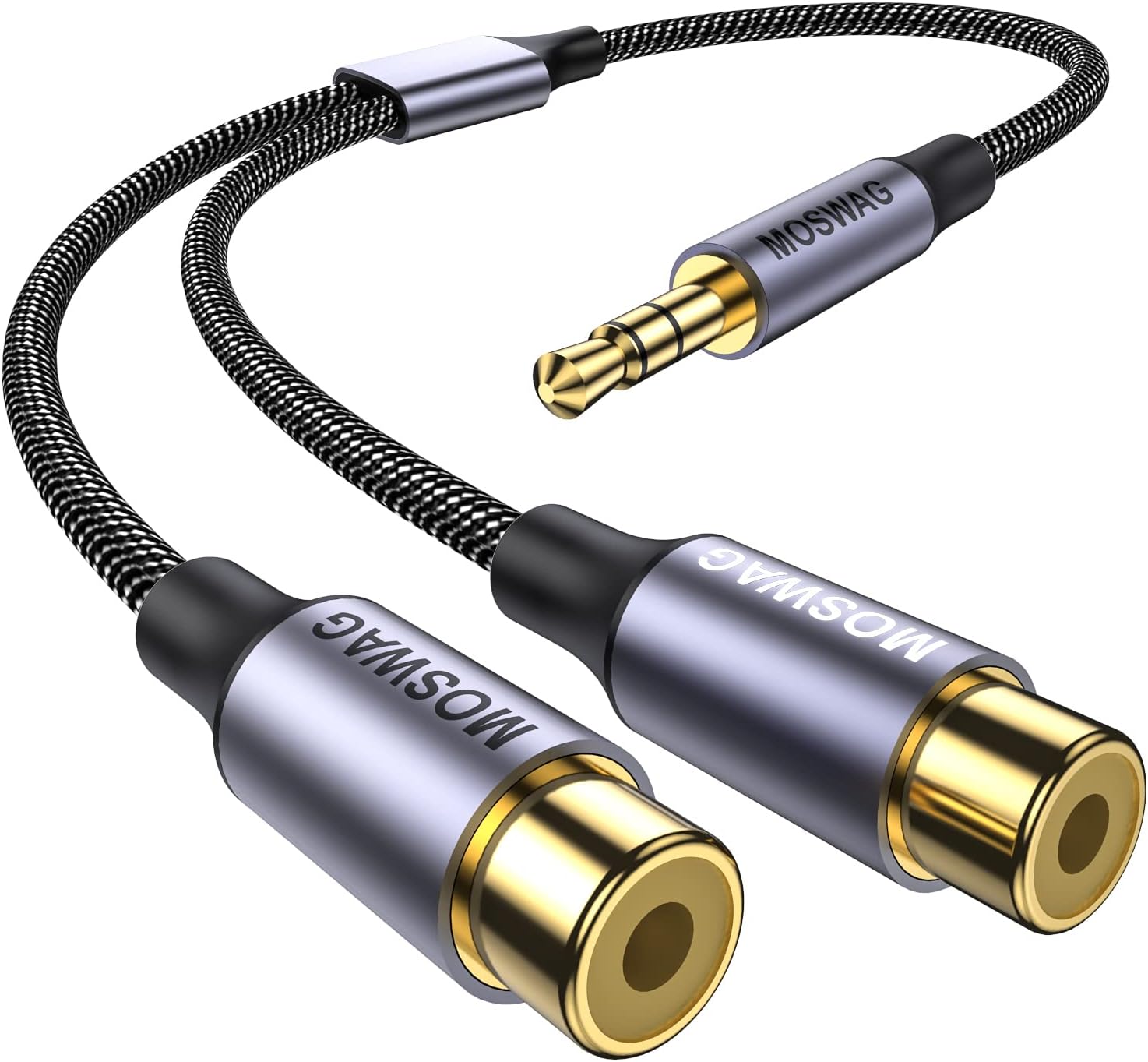 MOSWAG 3.5mm to RCA Cable, 3.5mm Male to Dual 2 RCA Female Stereo Audio Adapter Cable, 24K Gold-Plated & Nylon Braided, Connect Smartphone MP3 Tablet to Speaker, Home Theater, HDTV & Amplifier
