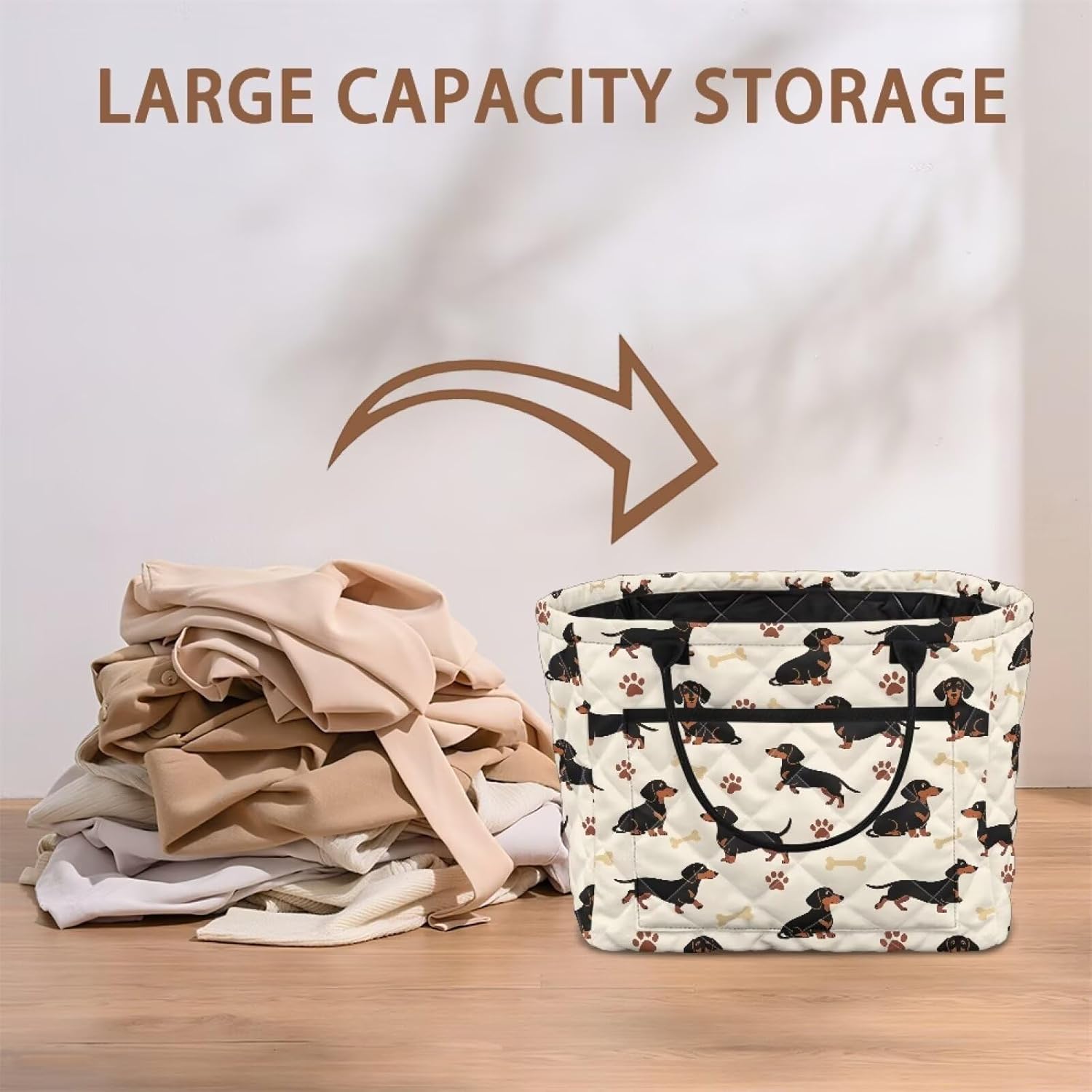 Quilted Storage Basket with Handles and Pocket,Dog Foldable Laundry Hamper Clothes Organizer Bin for Home, Picnic, Office 12.59"x11"x10.6",Large Capacity