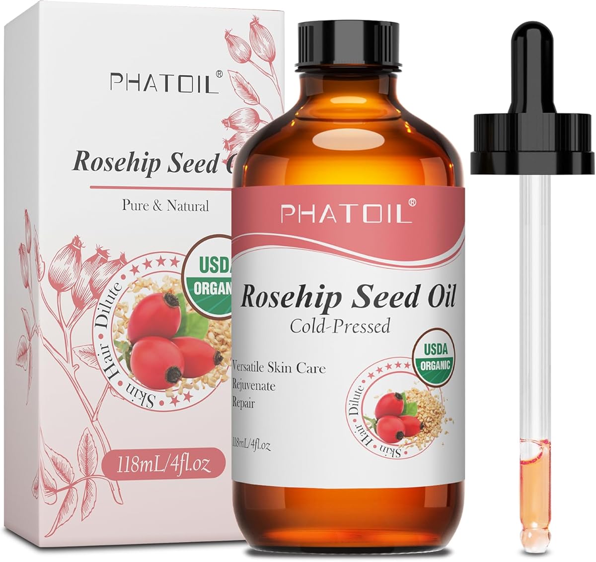 PHATOIL Organic Rosehip Seed Oil 118ml – 100% Pure, Cold Pressed & USDA Certified – Anti-Aging Rosehip Oil for Face, Skin, Hair & Nails