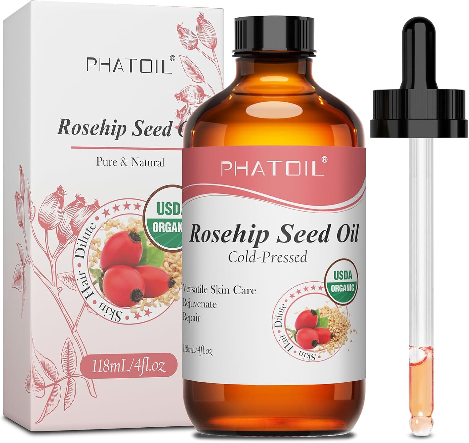Organic Rosehip Seed Oil for Face 4oz/118ml, USDA Certified Organic Pure and Natural Cold Pressed Base Carrier Oil, Massage Gua Sha for Face and Body, Moisturizing for Hair and All Skin Type