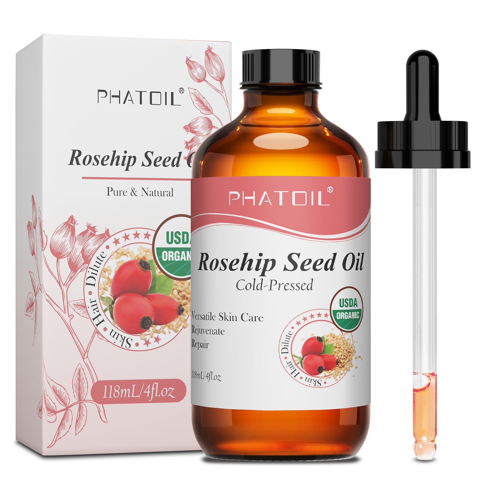 PHATOIL Hagebuttenkernöl Bio Kaltgepresst 118ML, Rosehip Seed Oil USDA Organic 100% Rein Natürlich, Hagebuttenöl Vegan Hexanfrei für Haut, Haare und Nägel, Feuchtigkeitspflege Gesichtsöl, Körperöl