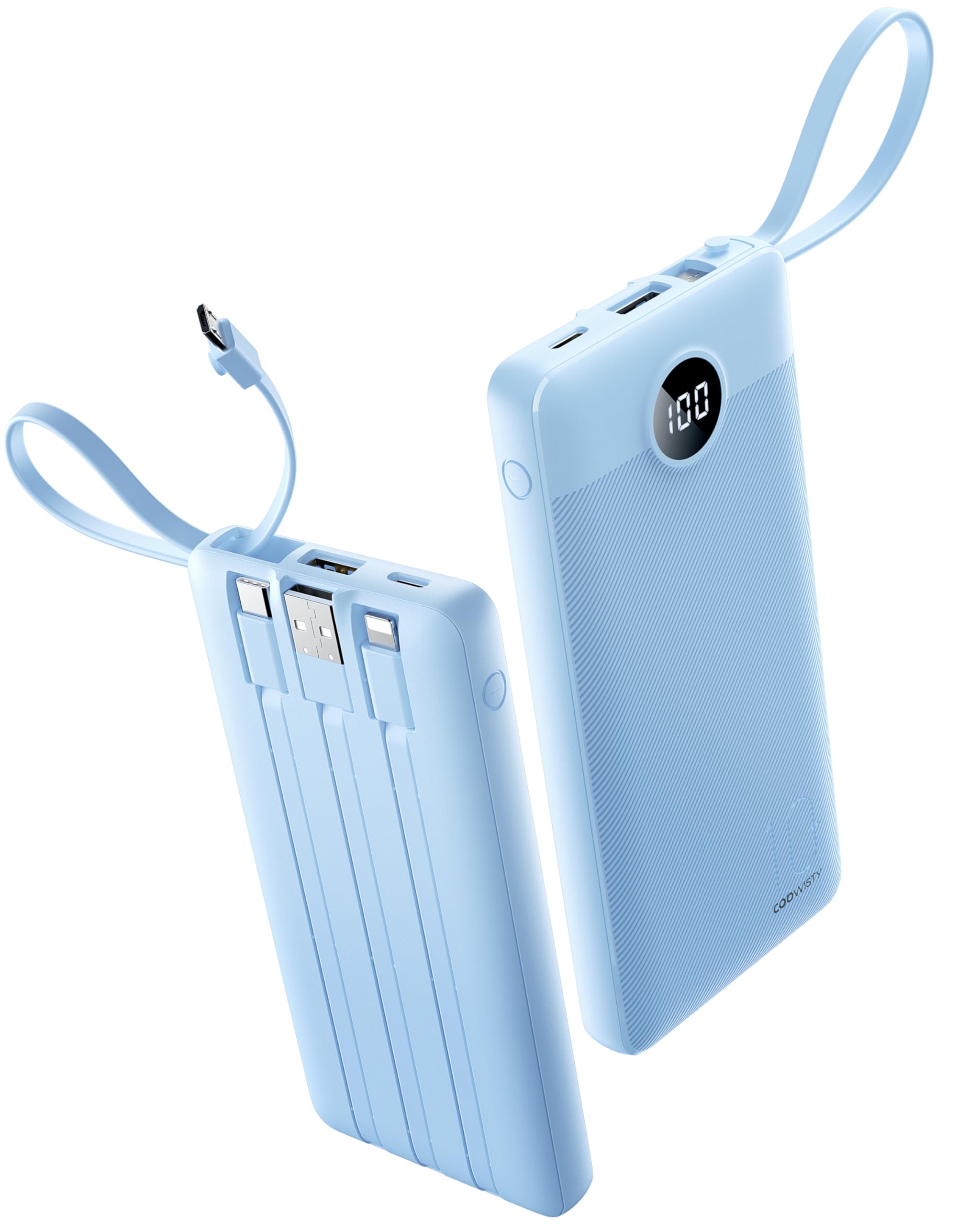 Coowisty Compact Portable Charger 10000mAh, Slim Power Bank with Built-in Cords, 5 Outputs 2 Inputs Portable Phone Charger, LED Display External Battery Pack Compatible with iPhone/Android(Blue)