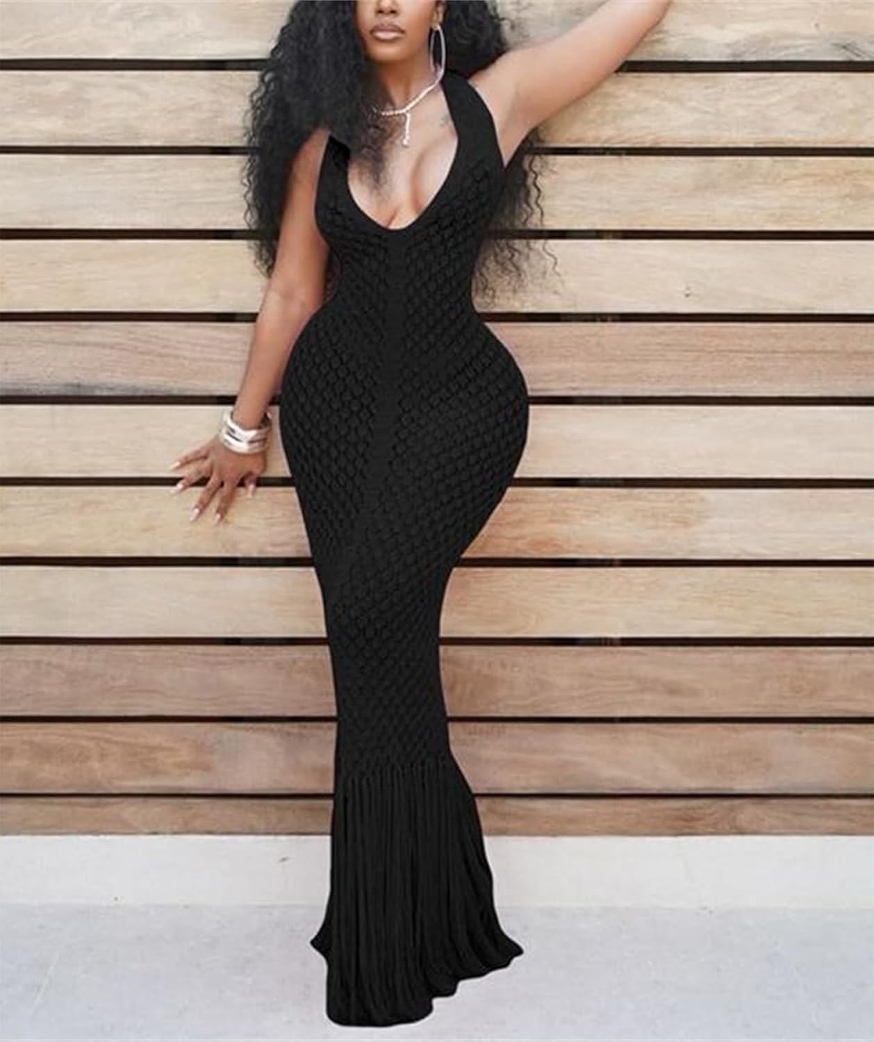 Womens Crochet Bodycon Maxi Dress Sexy Halter Backless Knit Fringe Party Club Long Dress Summer Beach Vacation Cover Up - Image 3