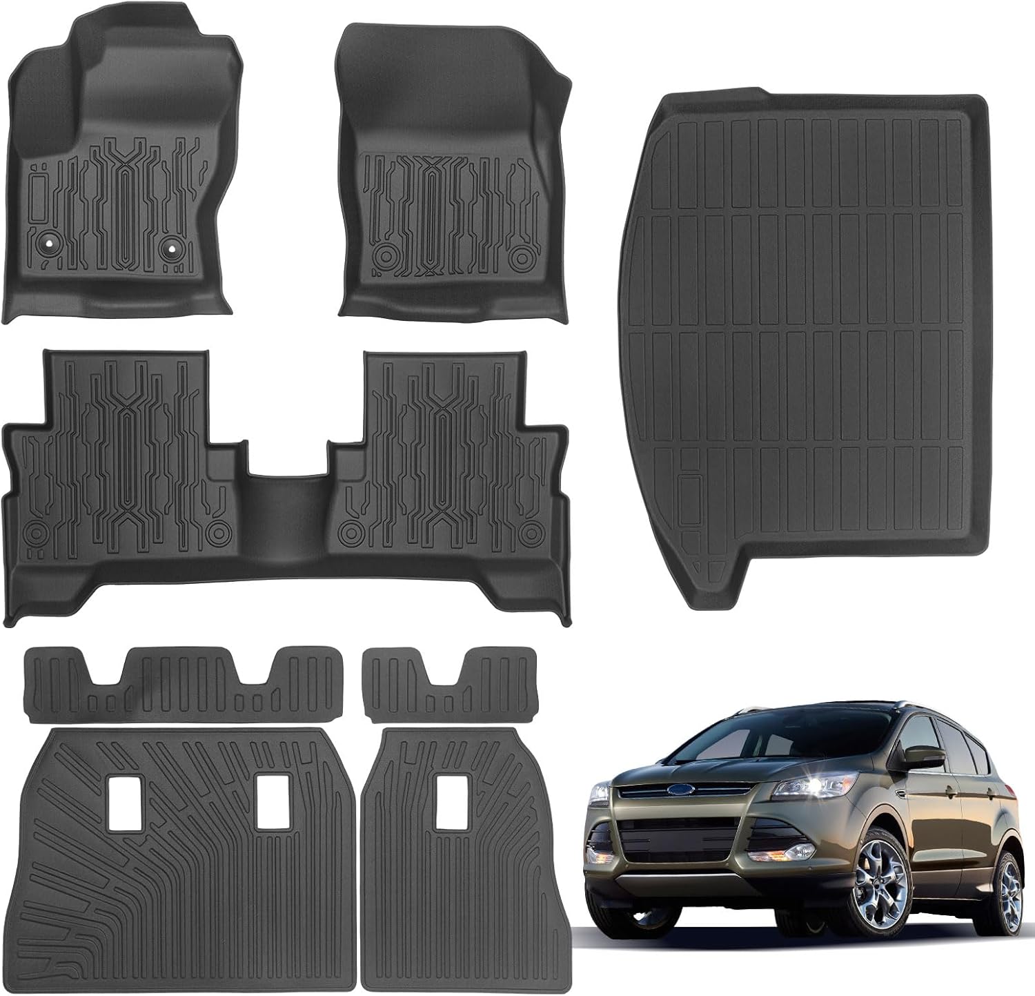 Car Floor Mats for Ford Escape 2013-2019 with Cargo Liner and Backrest Mat TPE All Weather Protection Custom Fit Anti-Slip Waterproof Heavy Duty Interior Accessories Black