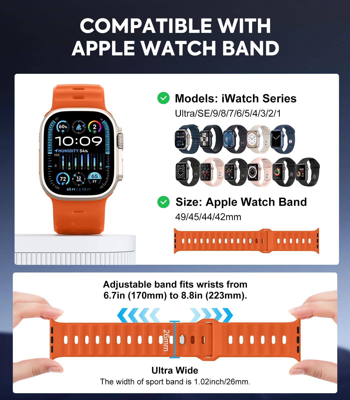 MoKo Ocean Band Compatible with Apple Watch Ultra 2 Band 49mm 45mm 44mm 42mm for Men Women,Outdoor Silicone Replacement Strap Sport Wrist band for iWatch Series 9 8 7 6 5 4 3 SE Ultra 2 1, Orange