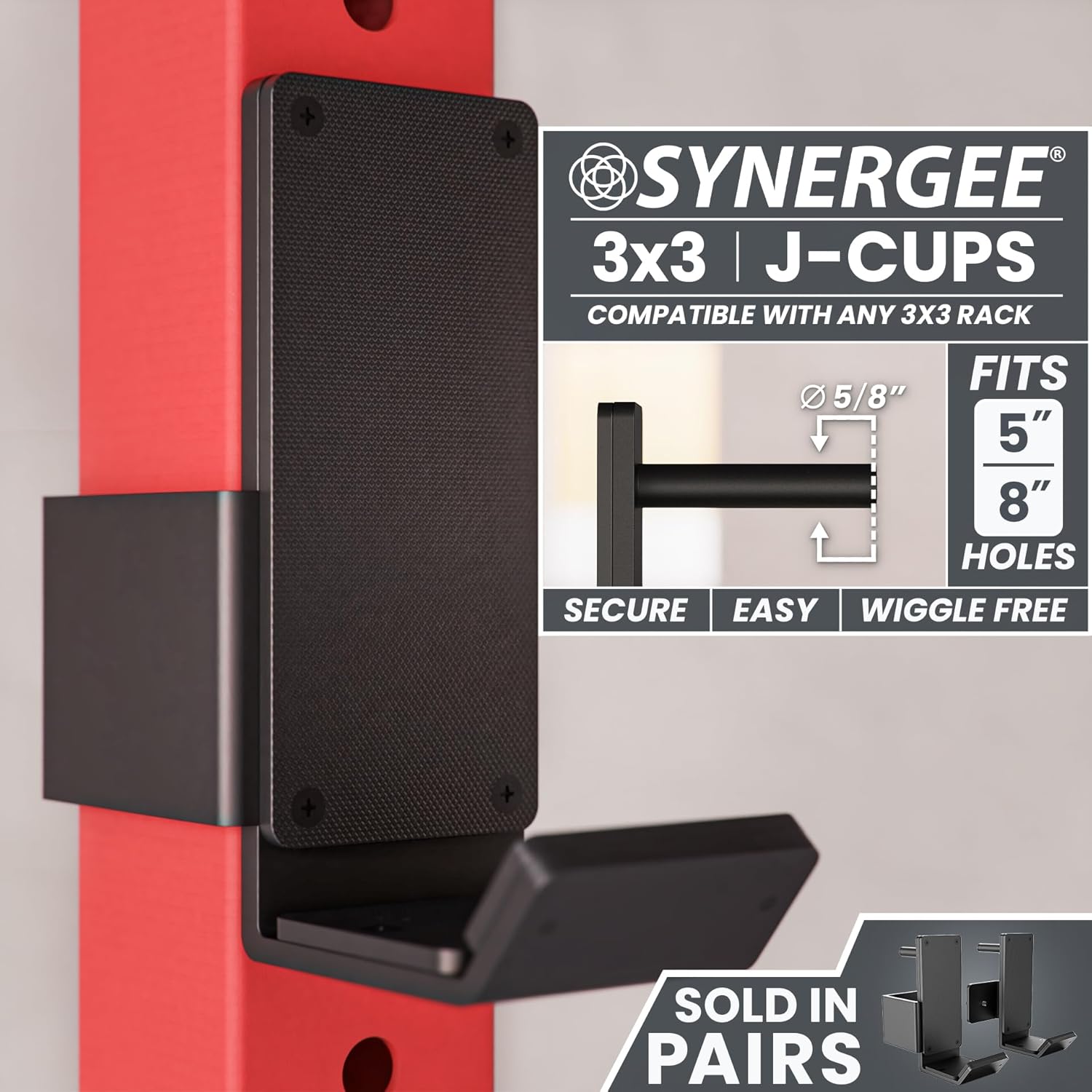 Synergee J-Hooks for Power and Squat Racks. J-Cups Available in 2x2, 2x3 and 3x3. J-Hooks for Power Lifting, Squats and Presses. Sold in Pairs.