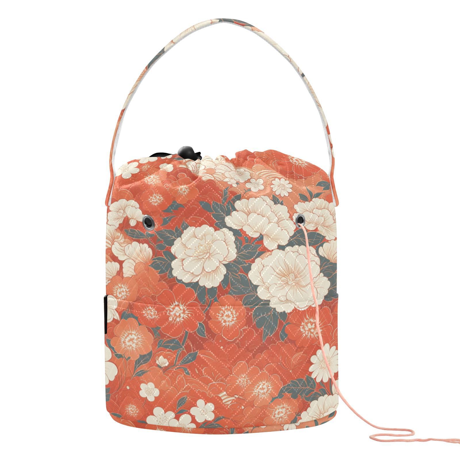 Japanese Style Orange Flowers Crochet Tote Bag Crochet Organizer Tote with Holes Crochet Tote for Knitting Needles Knitting Accessories