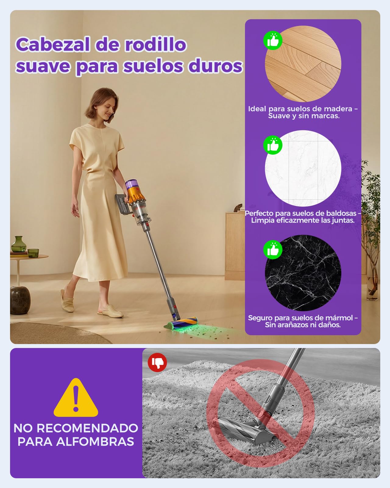 Cabezal de Limpieza V15 Fluffy Optic para Dyson V15, V11, V10, V8, V7 – Detección de Polvo con luz Verde, Accesorio de Rodillo Suave para Suelos de Madera | Luz verde revela el polvo, articulación de 90°, cepillo suave protege suelos, solo 390 g, cepillo