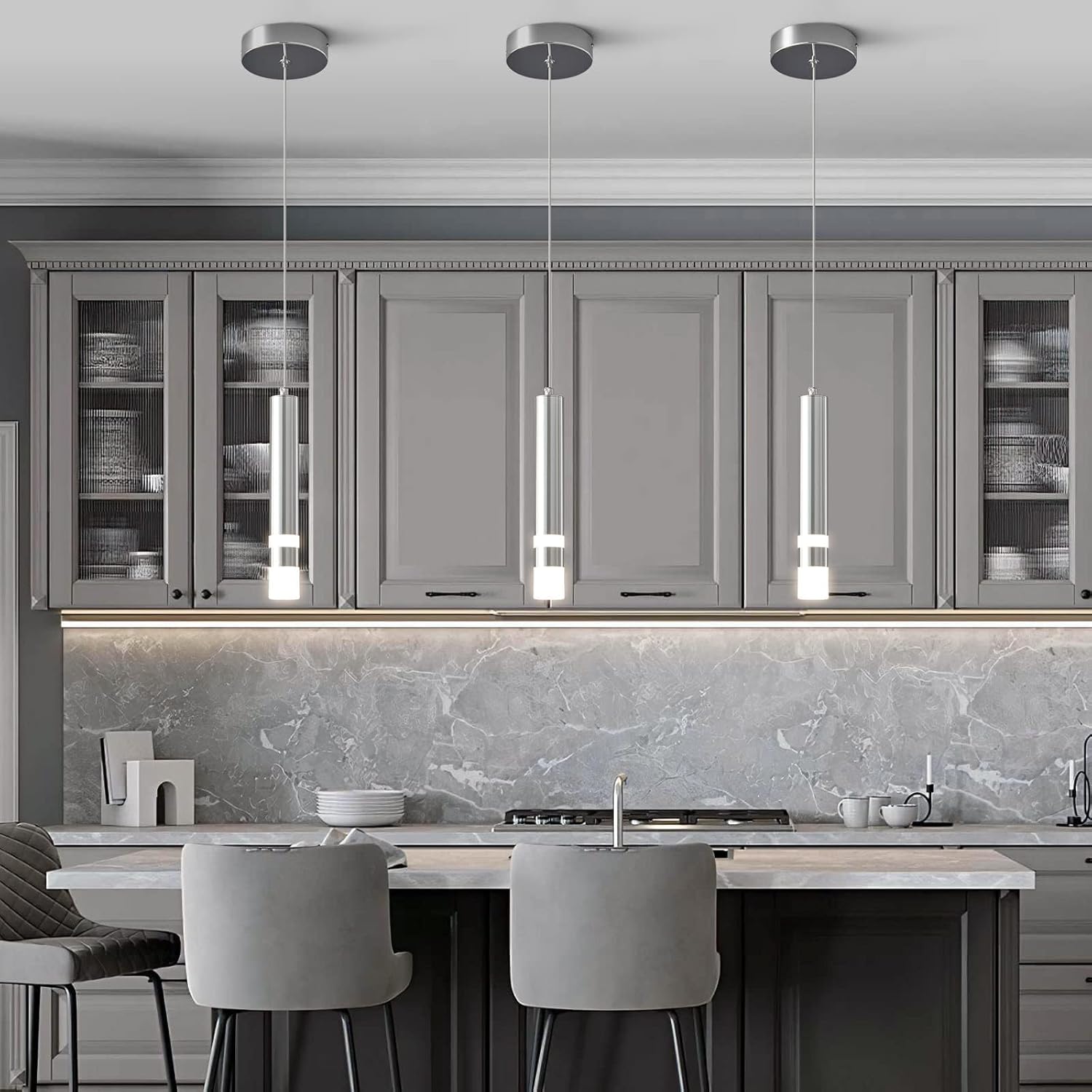 Modern Pendant Light Kitchen Fixture Dimmable LED Chrome Mini Pendant Lighting fo Kitchen Island Bedroom Bedside Table Small Pendant Lights (3-Pack)