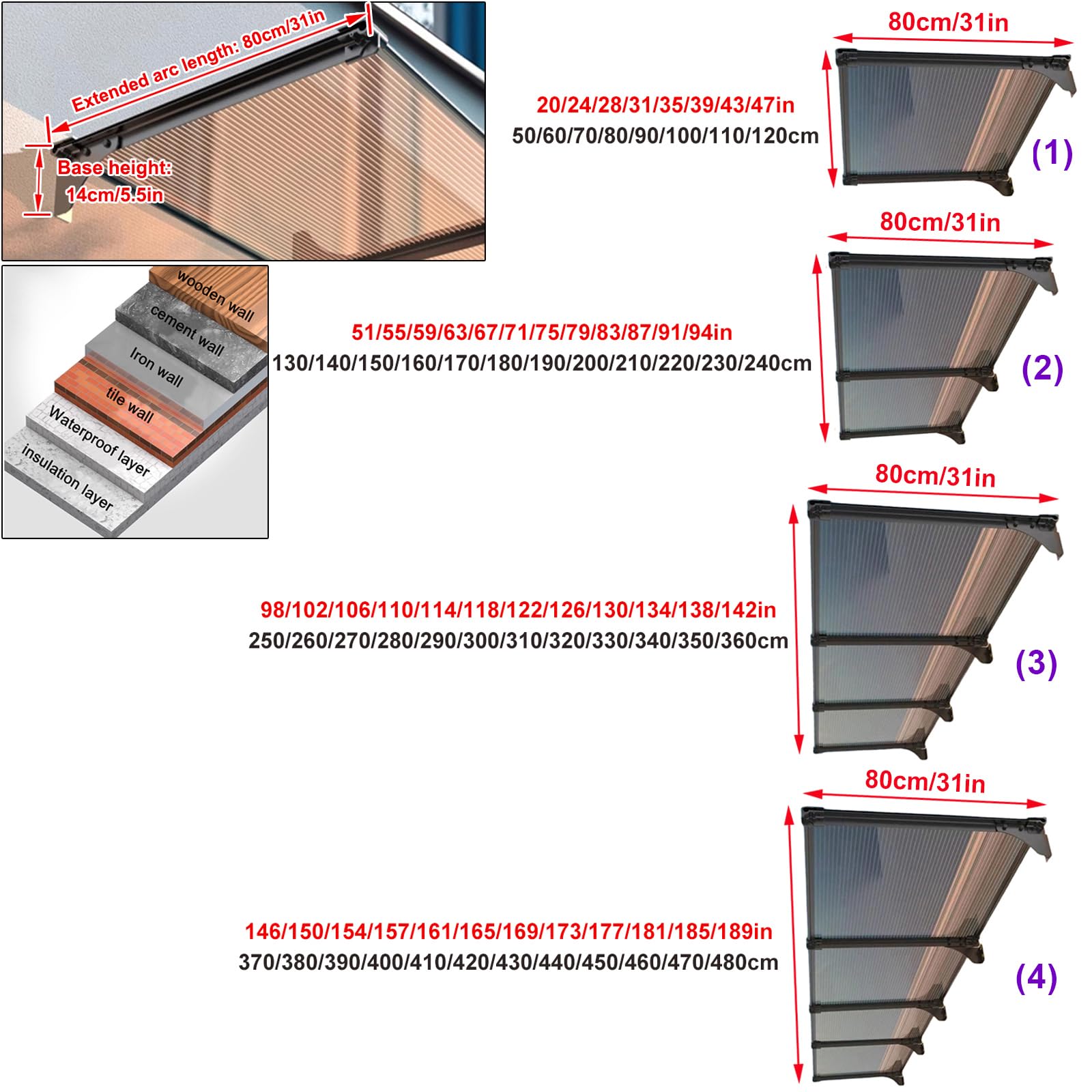 Auvent de Porte et Fenêtres en Aluminium,Toit Abri Contre la Pluie et UV,Marquise Solaire Abri,Marquise d'accueil en Polycarbonate,Couverture de Jardin Extérieur (80x180cm/31 x71)
