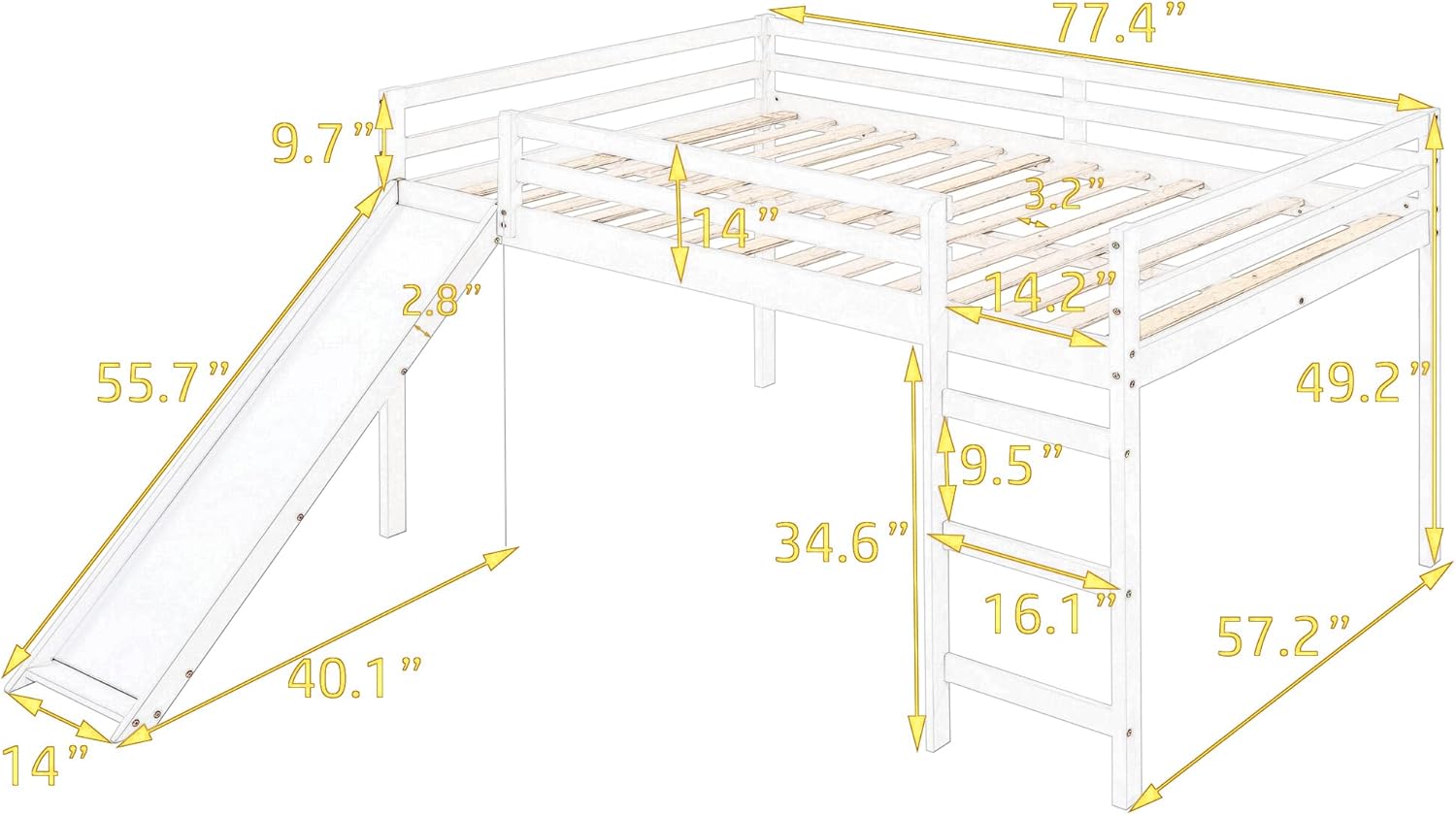 Harper & Bright Designs Full Low Loft Bed with Slide,Multifunctional Wooden Full Loft Bed Frame with Ladder for Kids,Girls,Boys,Bedroom,Dorm,No Box Spring Require(White)