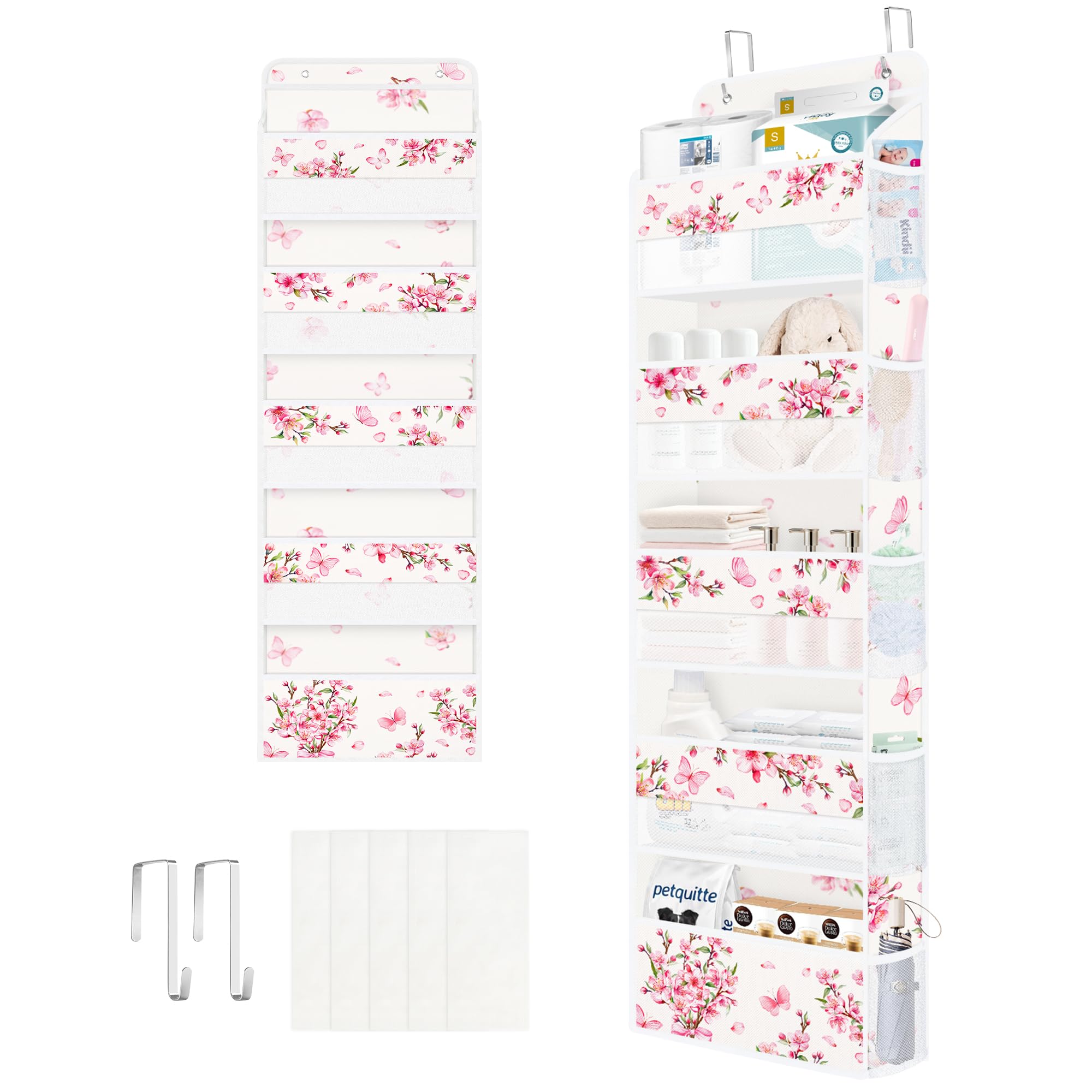 Clastyle Organisateur Suspendu Tissu Fleur Rangement Suspendu Femme Filles pour Jouet Couche Vêtement Étagère Suspendue Porte pour Chambre Salle de Bain Pantry, Fleur de Cerisier, 5 Compartiments