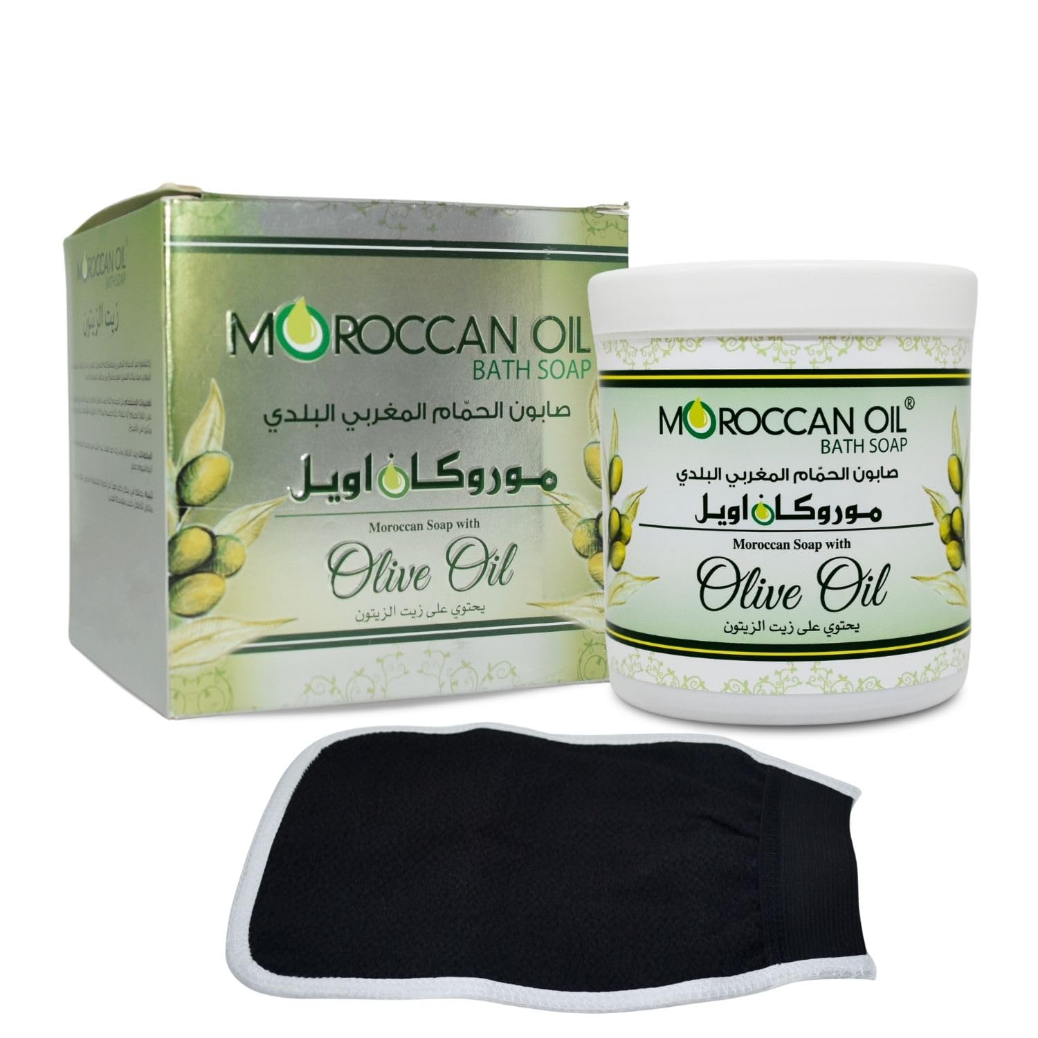 One Pack Moroccan Soap Beldi With Olive Oil & One Original Moroccan Hand Glove Bathing Natural For Body Scrub & Skin (Soap : 8.45 oz / 250 ml) صابون