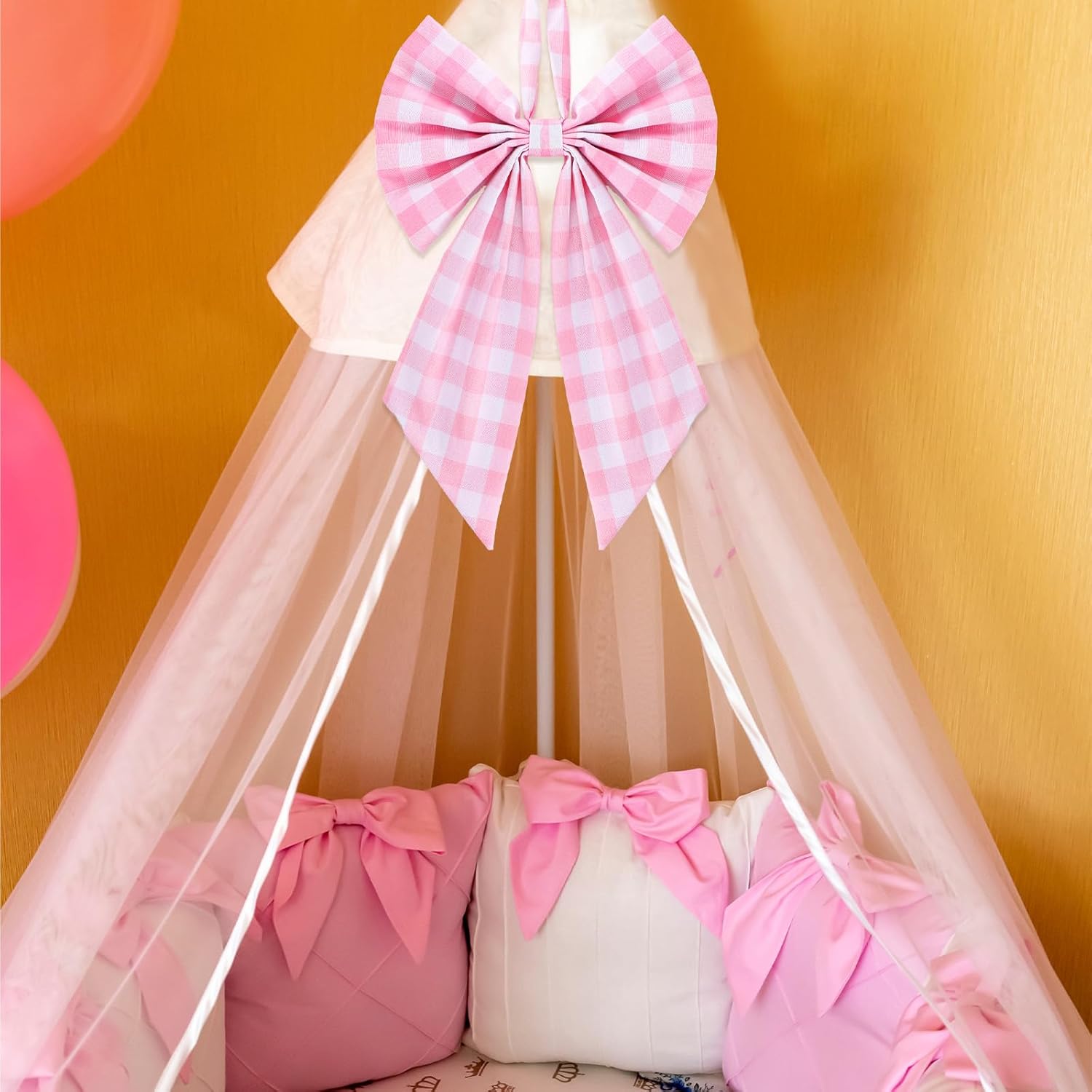 Suncalla 2 Pcs Pink Plaid Wreath Bow 19.6'' x 11.8'' Coquette Front Door Hanger Cute Bow Wreath Accessories Xmas Party Yard Doorway Indoor Outdoor Wall Decoration